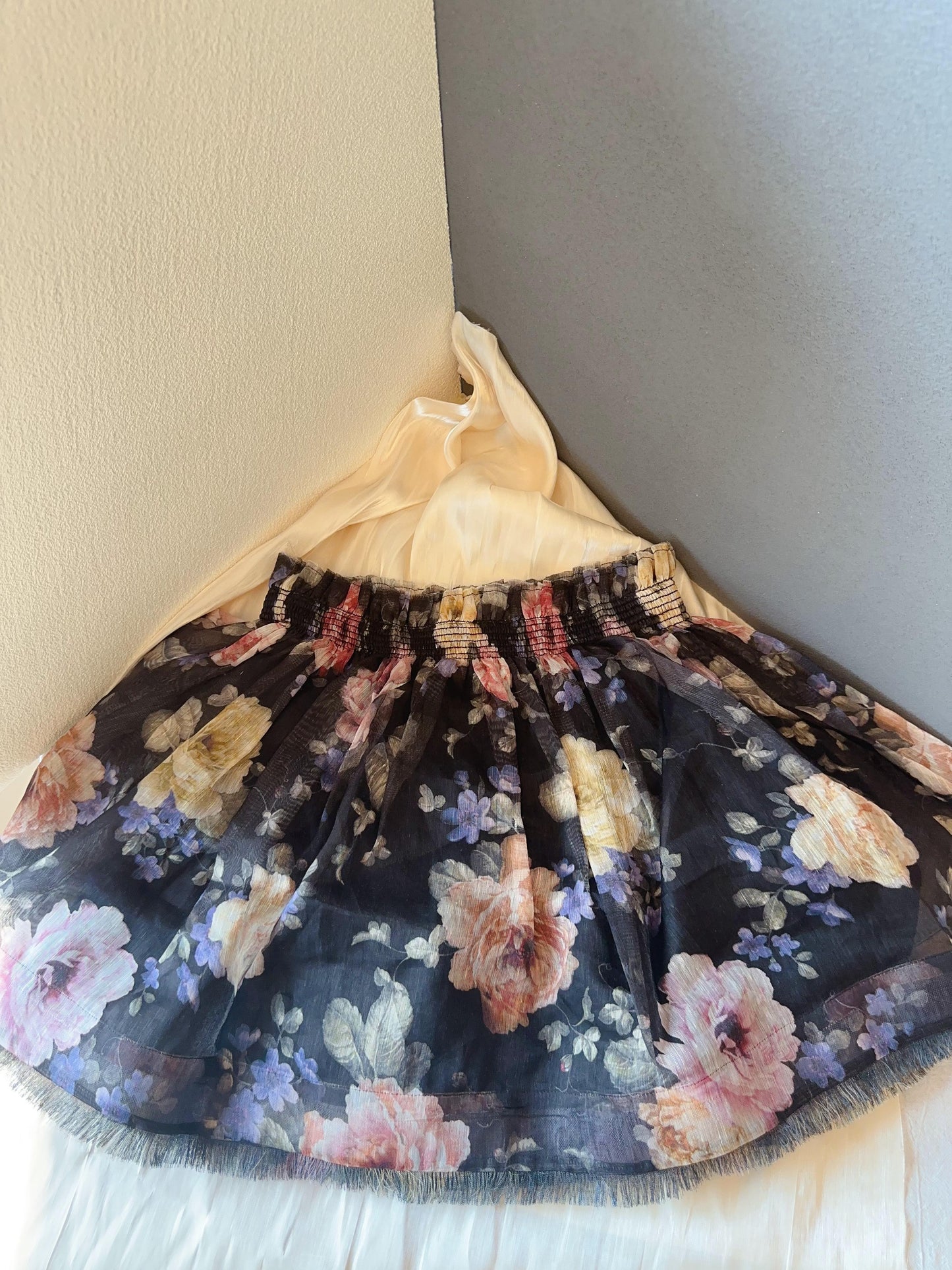 Zimmermann black floral embroidered tulle skirt with elastic waist and fringe hem