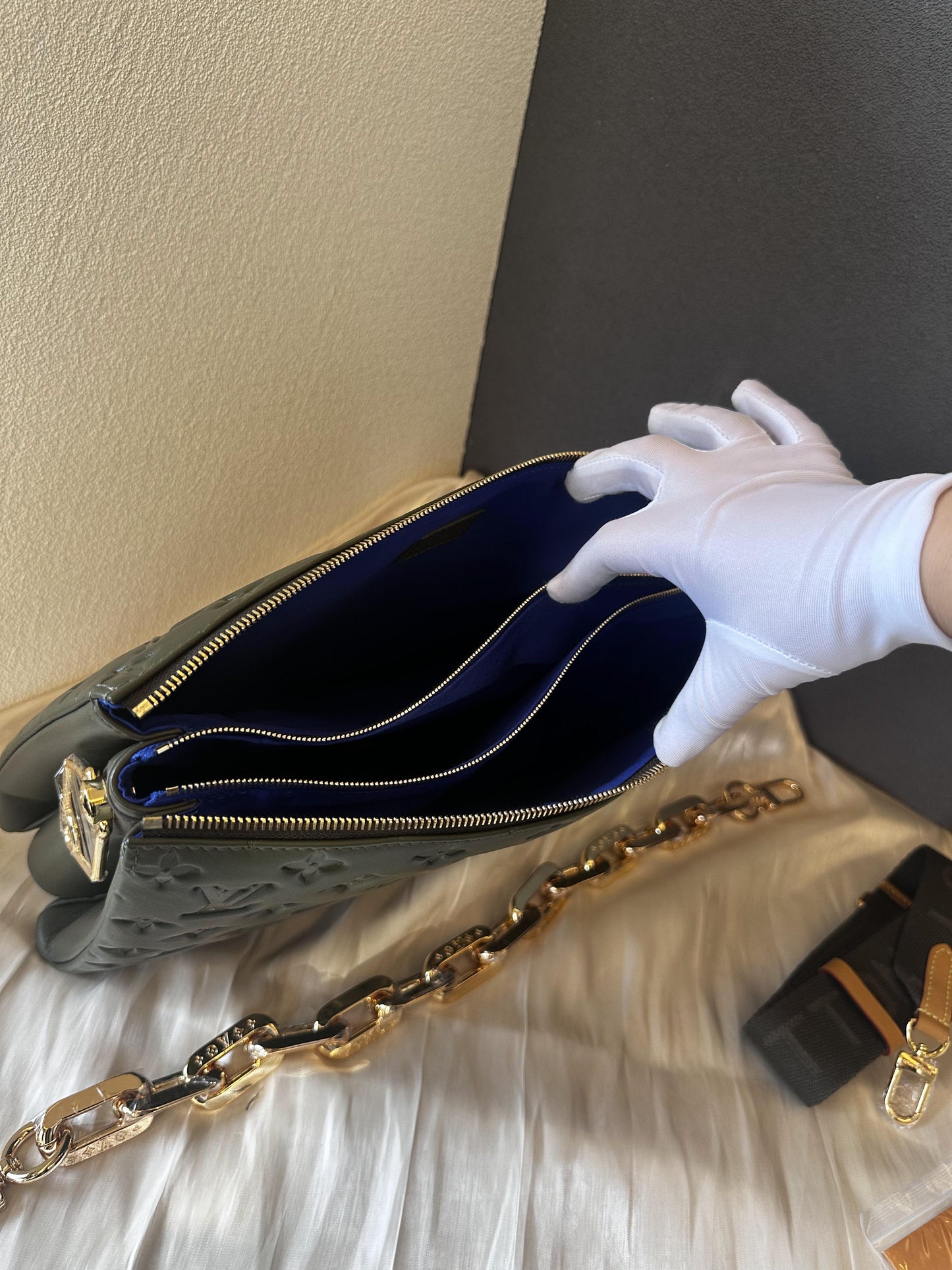 Louis Vuitton olive 'coussin' lambskin embossed accordion bag