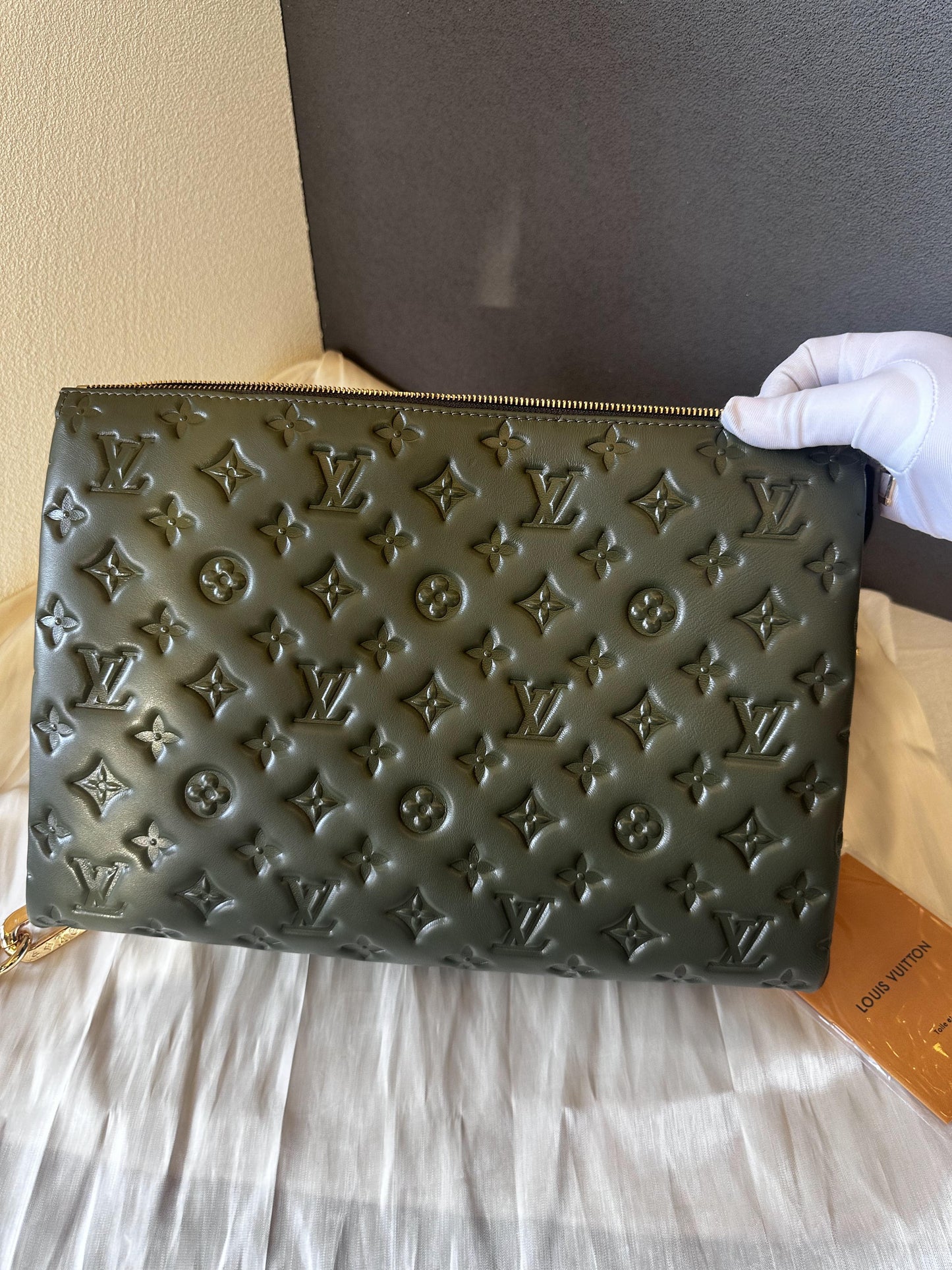 Louis Vuitton olive 'coussin' lambskin embossed accordion bag