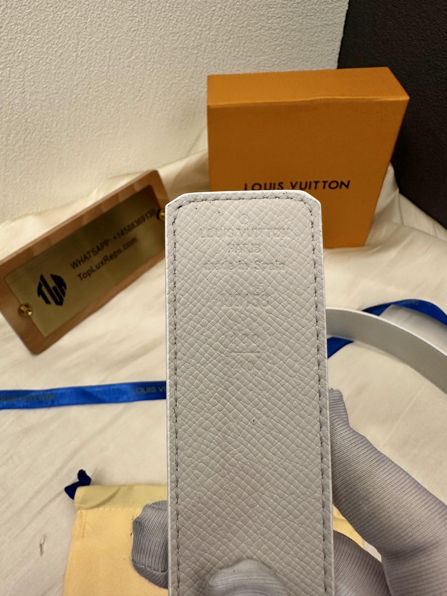 Louis Vuitton monogram white belt with silver LV buckle