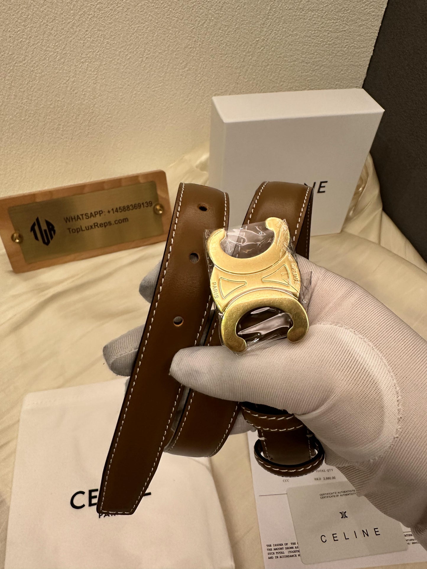 Celine brown leather belt with gold Triomphe buckle