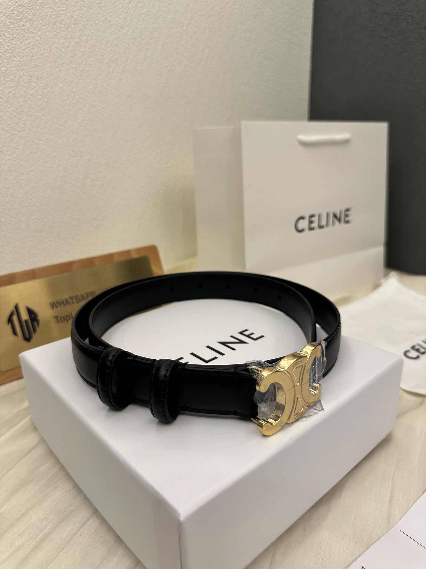 Celine black leather belt with gold Triomphe buckle