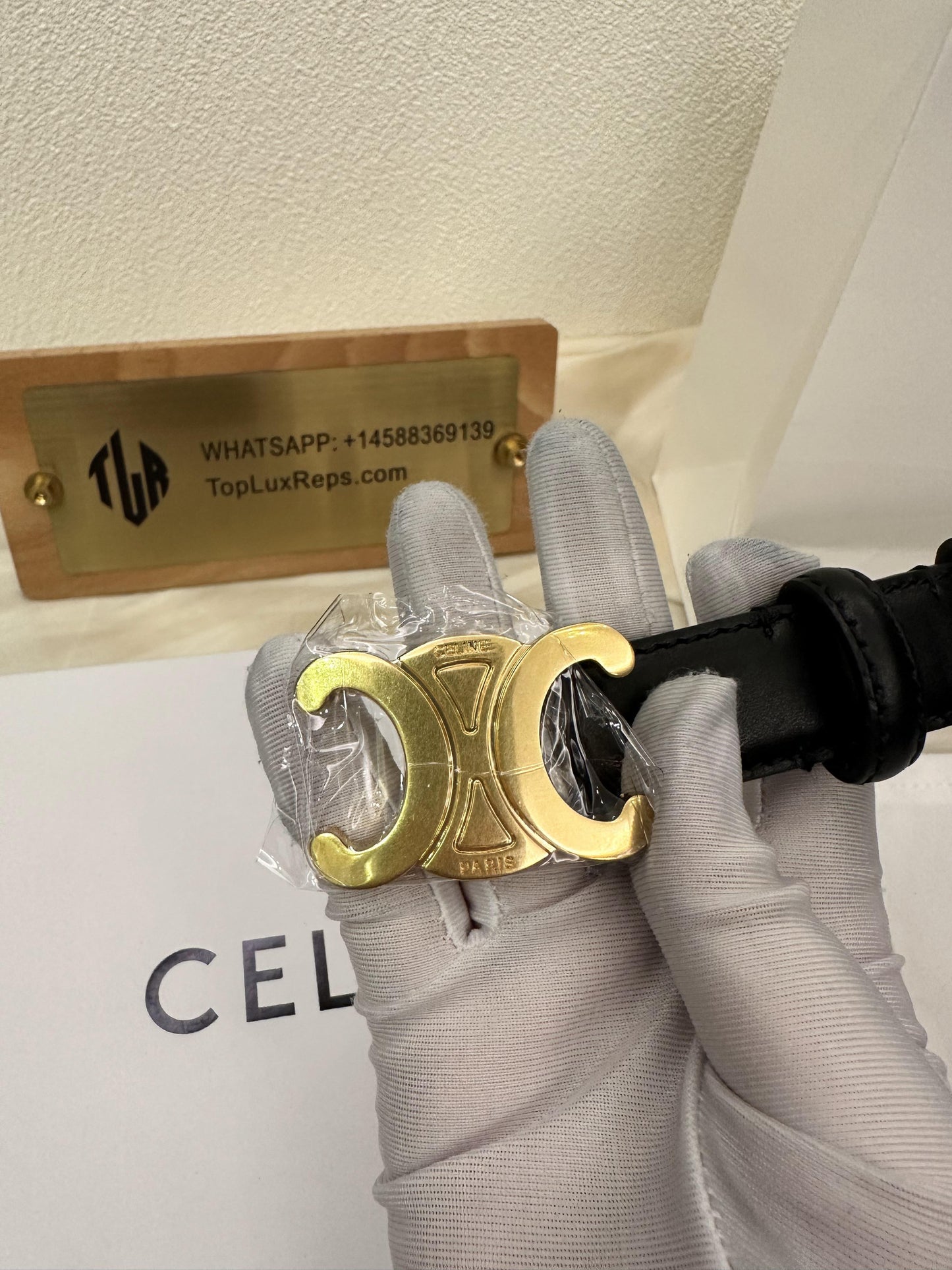 Celine black leather belt with gold Triomphe buckle