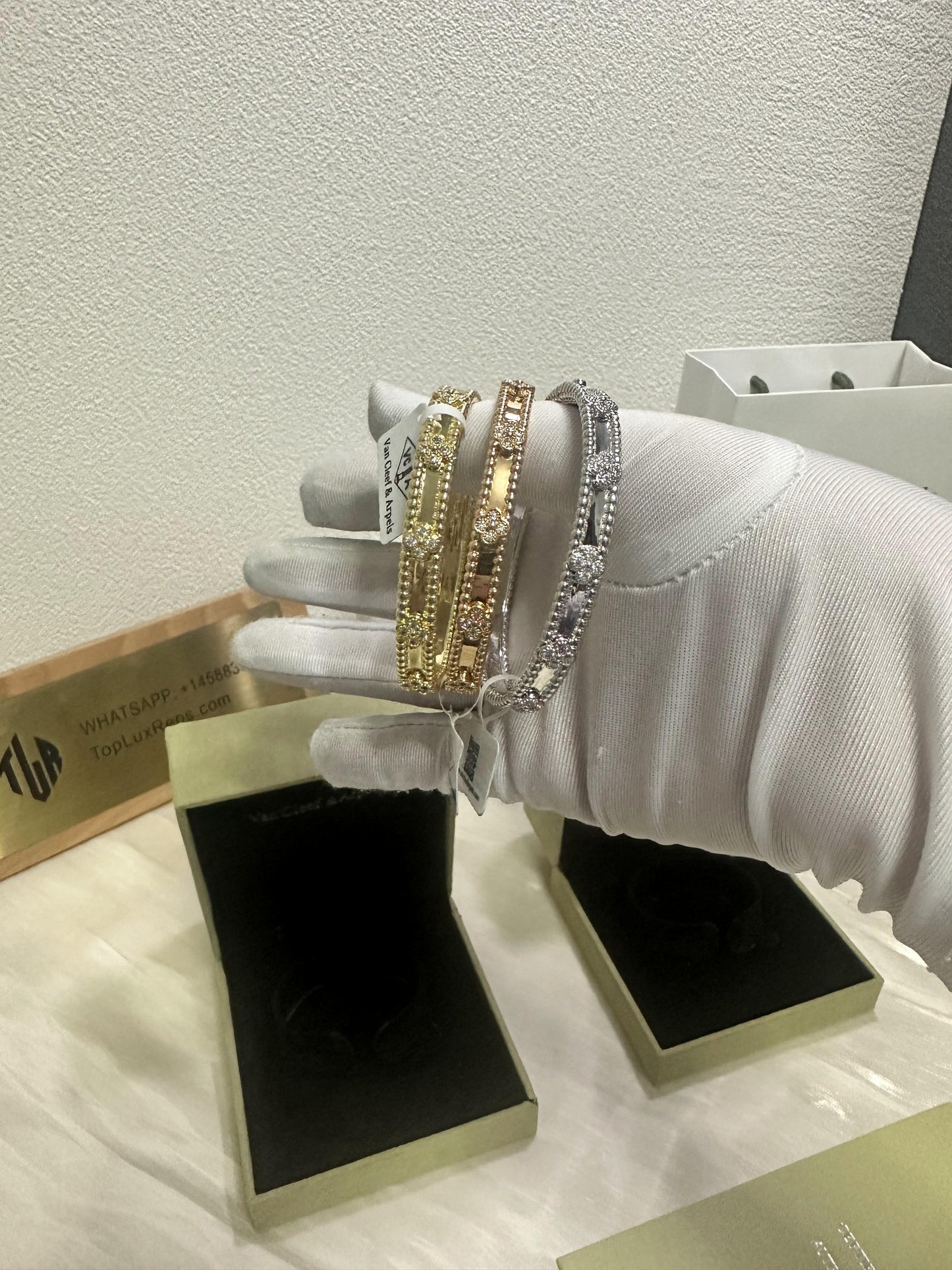 Van Cleef & Arpels Perlée Clover diamond bracelets – yellow gold & white gold & rose gold