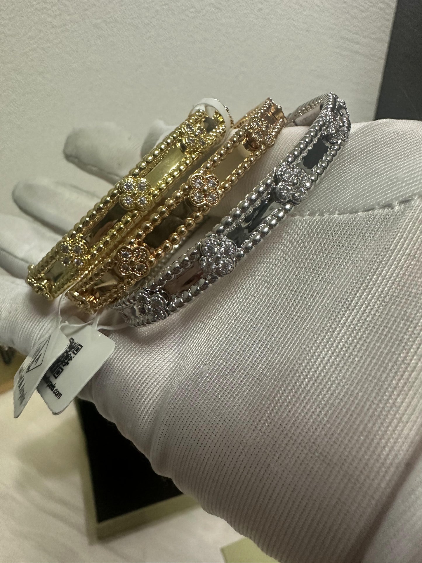 Van Cleef & Arpels Perlée Clover diamond bracelets – yellow gold & white gold & rose gold