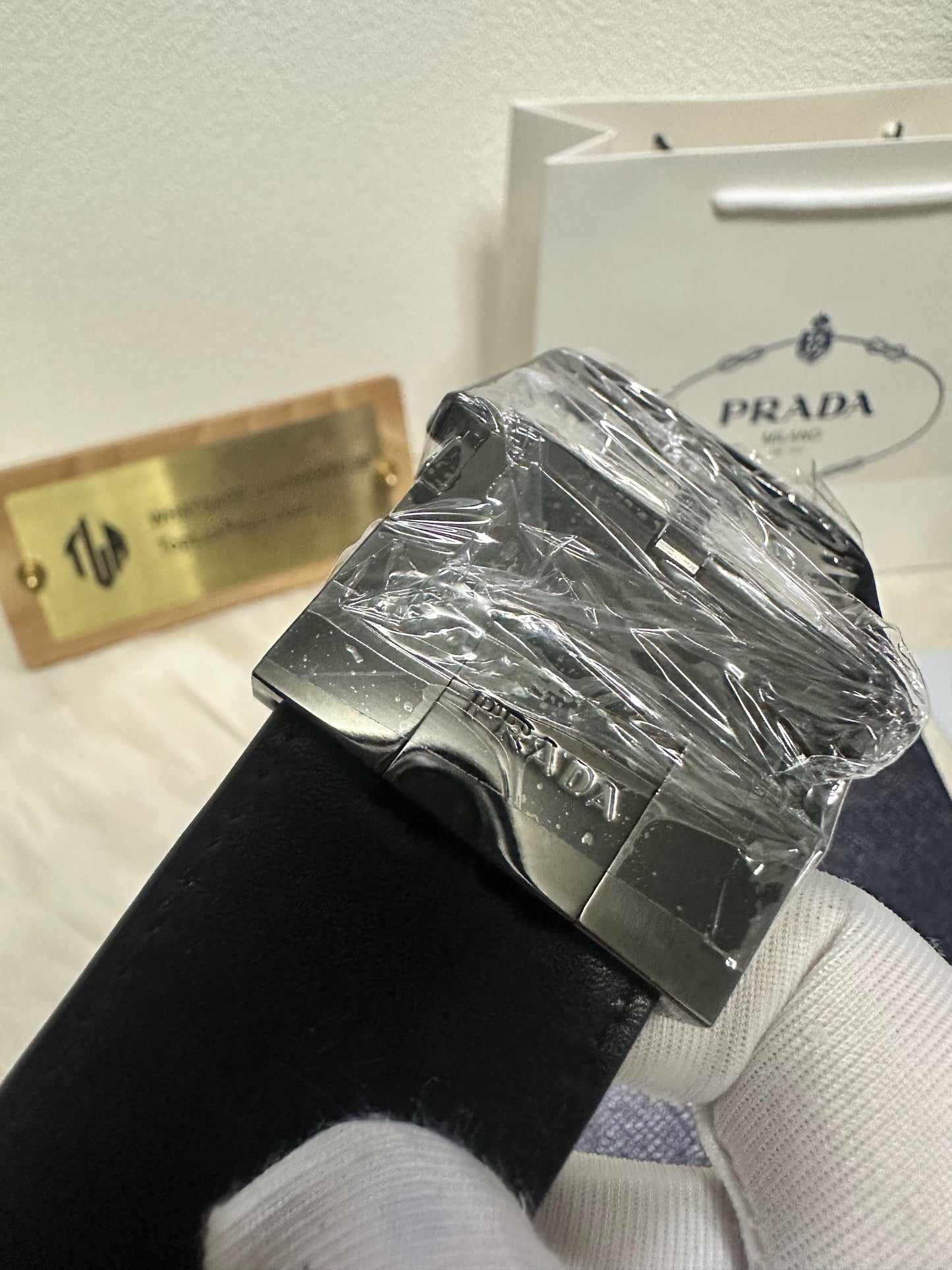 Prada black saffiano leather belt with silver buckle