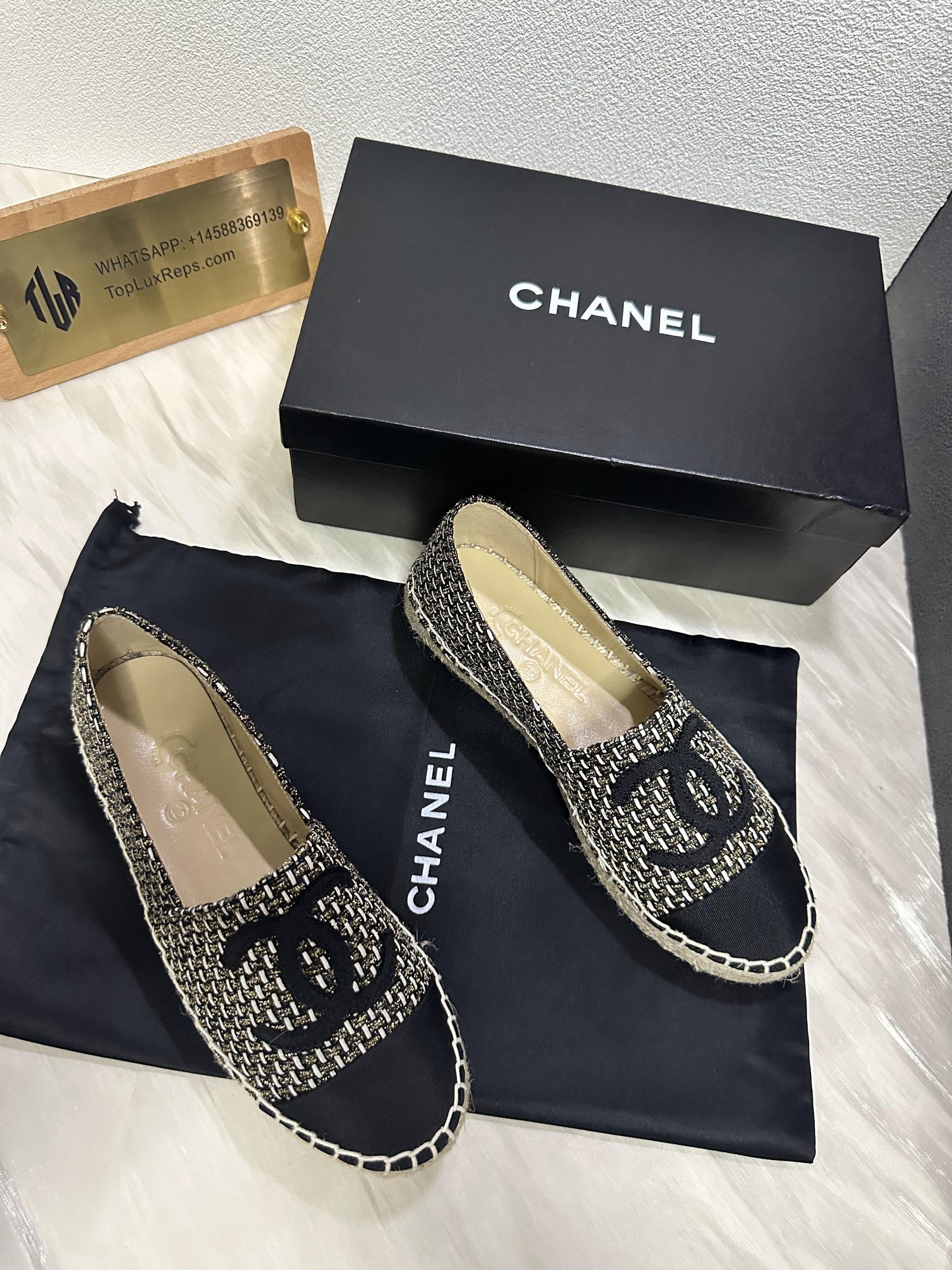 Chanel Black & Beige Tweed Espadrille Flat Shoes with CC Logo