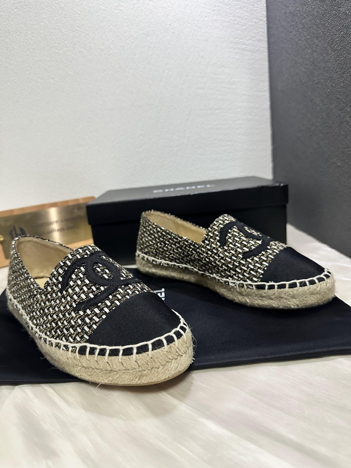 Chanel Black & Beige Tweed Espadrille Flat Shoes with CC Logo