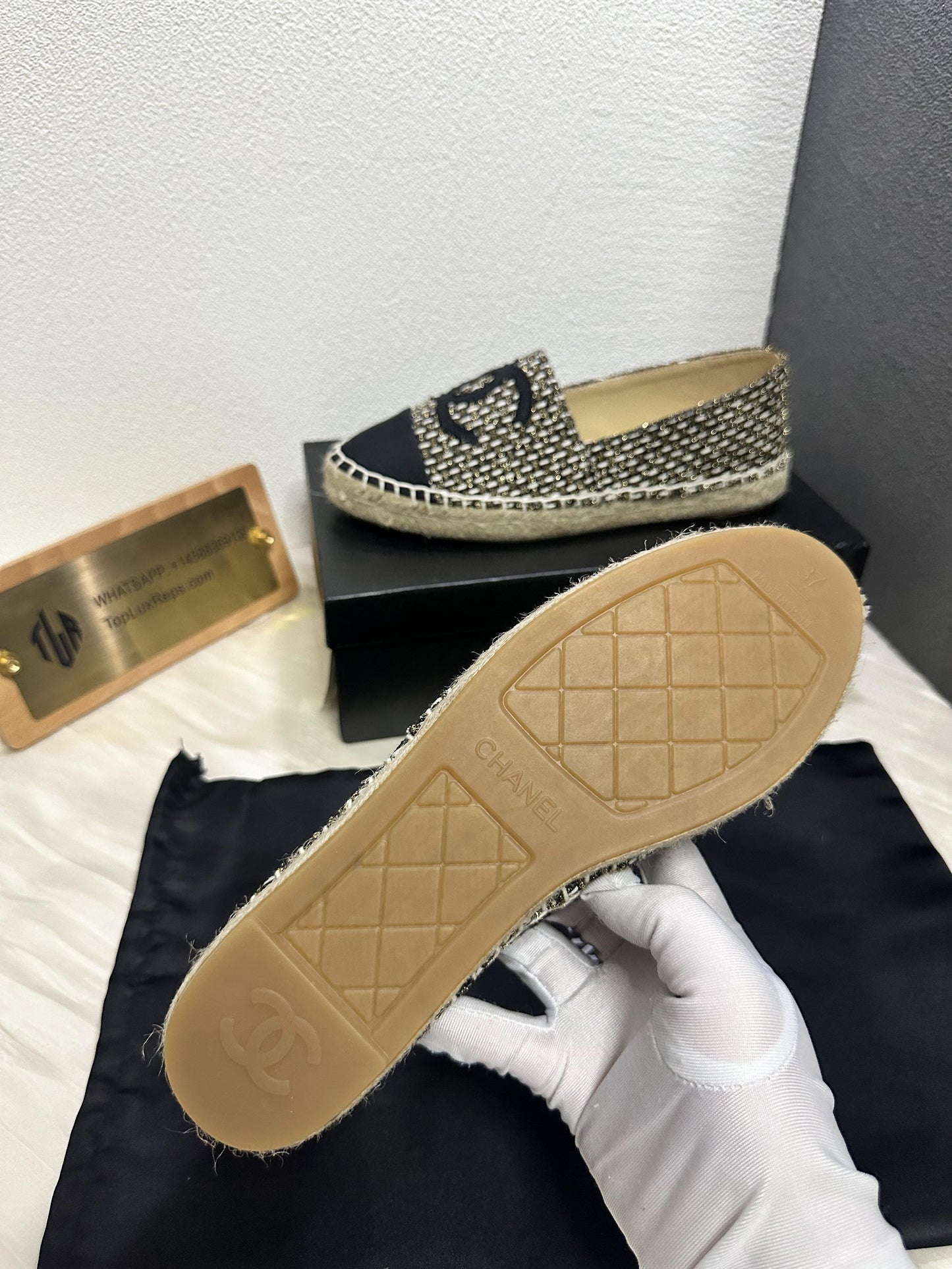 Chanel Black & Beige Tweed Espadrille Flat Shoes with CC Logo