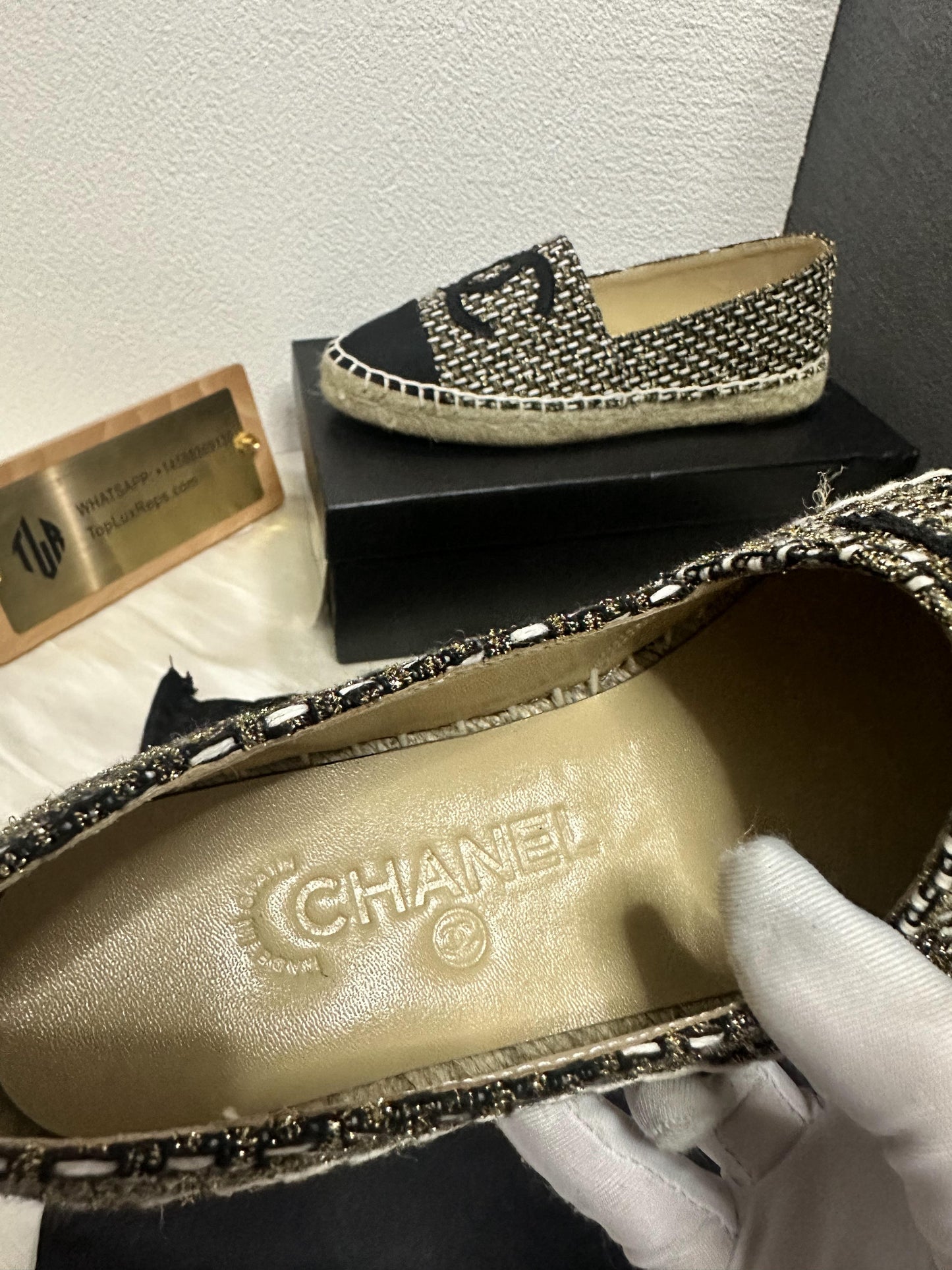 Chanel Black & Beige Tweed Espadrille Flat Shoes with CC Logo