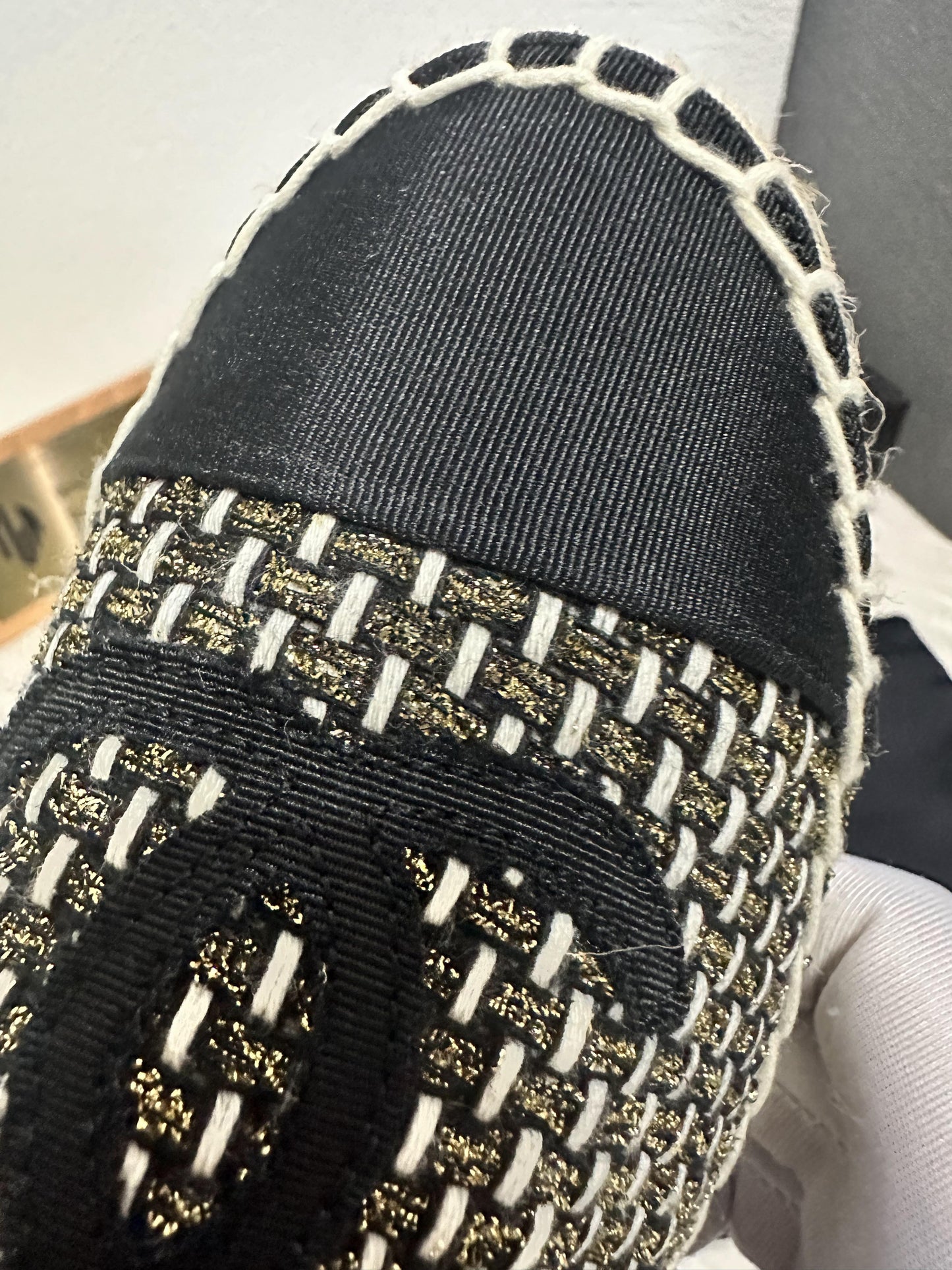 Chanel Black & Beige Tweed Espadrille Flat Shoes with CC Logo