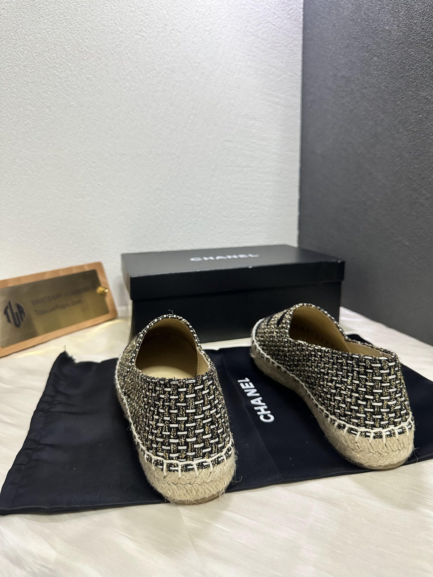 Chanel Black & Beige Tweed Espadrille Flat Shoes with CC Logo