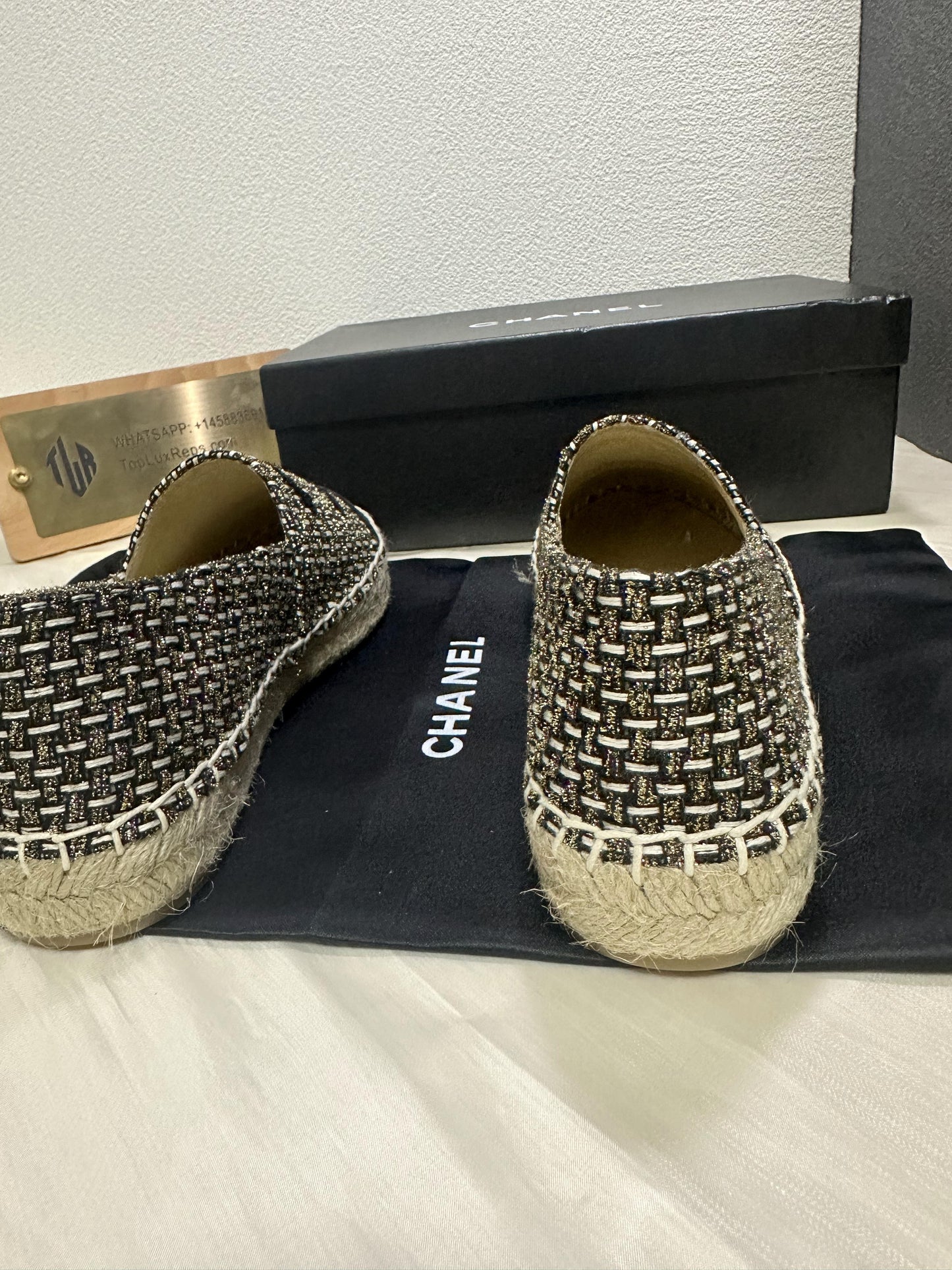 Chanel Black & Beige Tweed Espadrille Flat Shoes with CC Logo