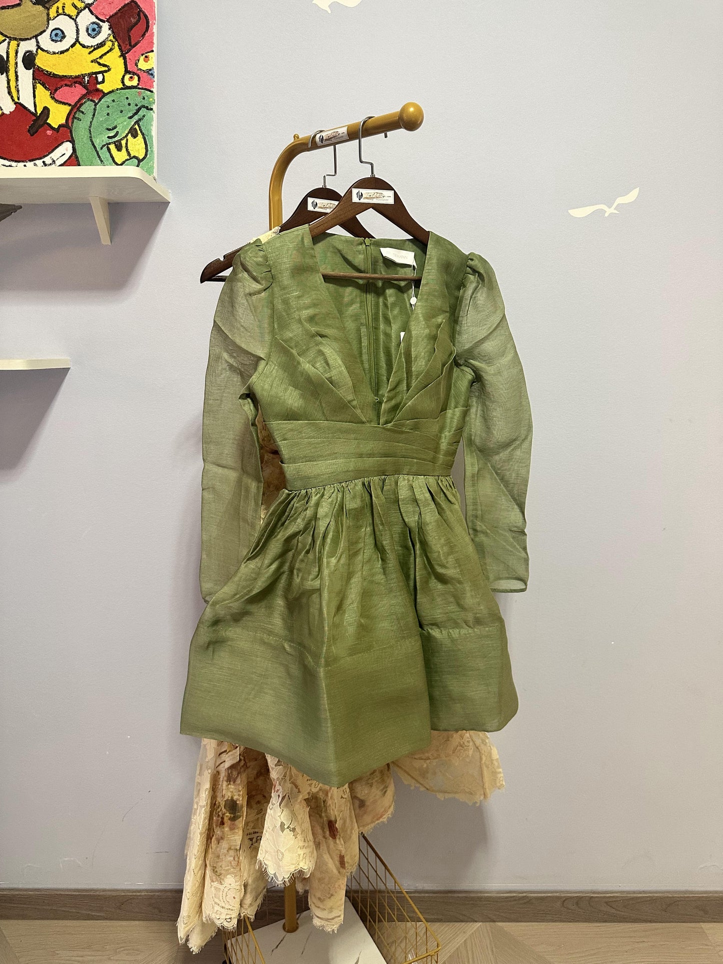 Zimmermann olive green v-neck long sleeve mini dress