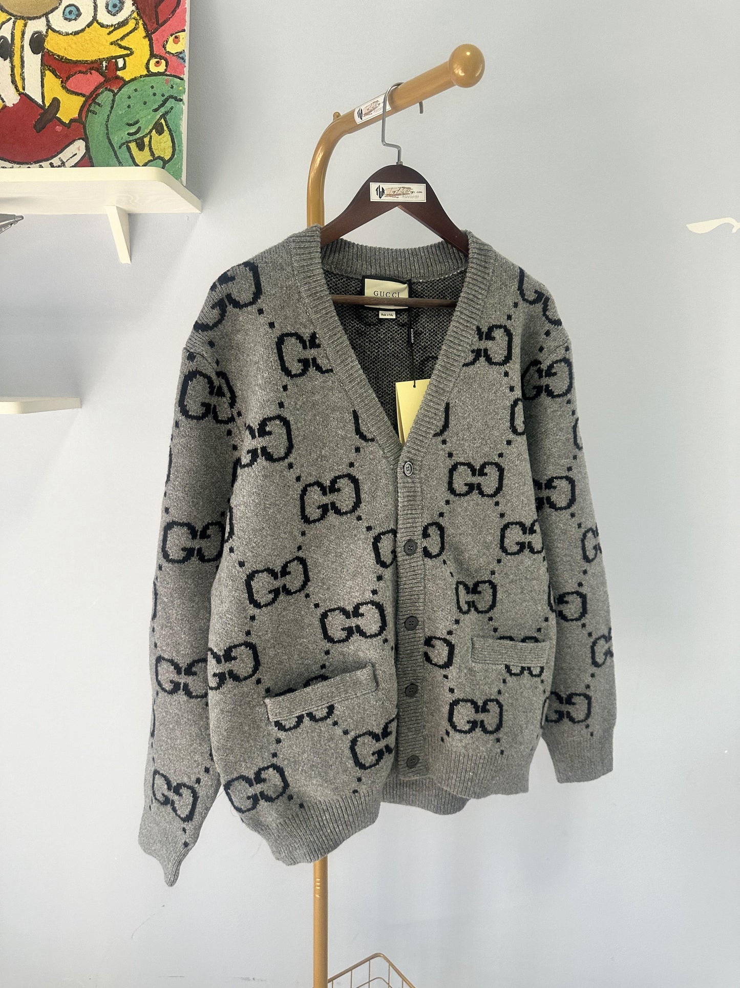 Gucci Grey Wool Cardigan with GG Pattern