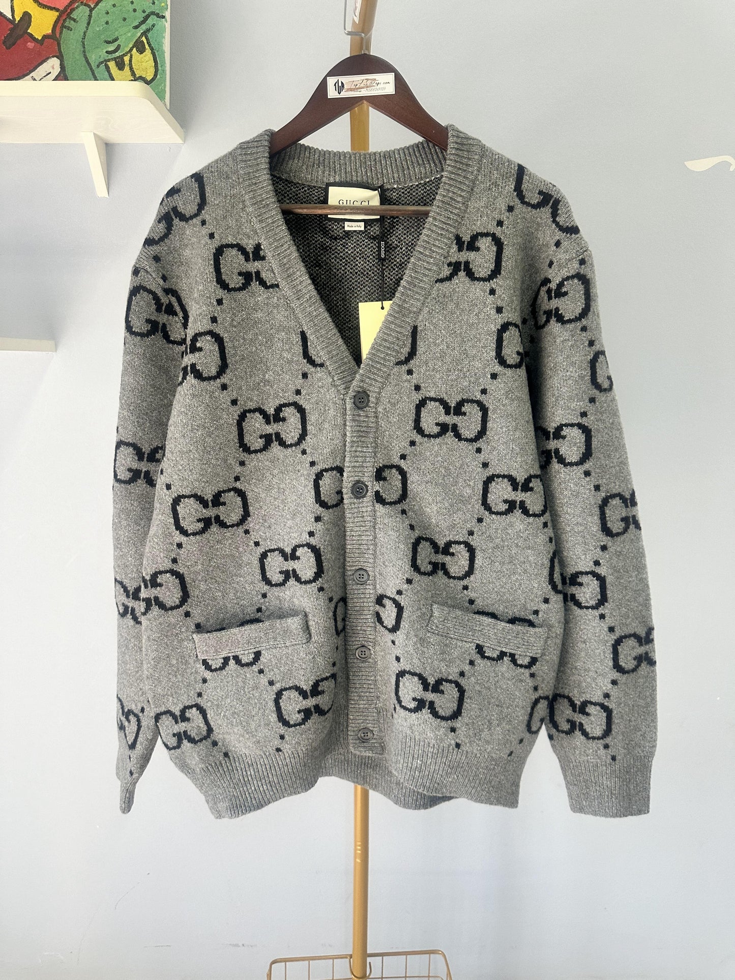 Gucci Grey Wool Cardigan with GG Pattern