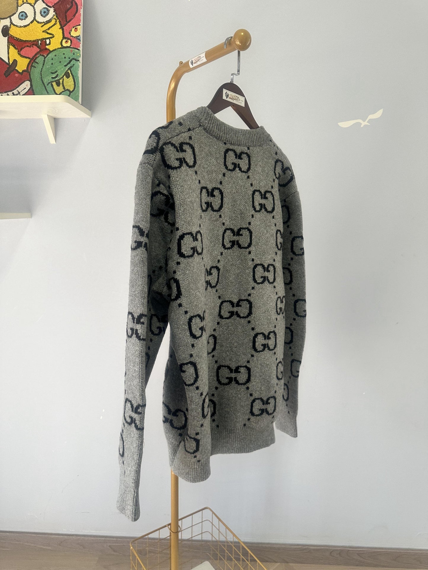 Gucci Grey Wool Cardigan with GG Pattern