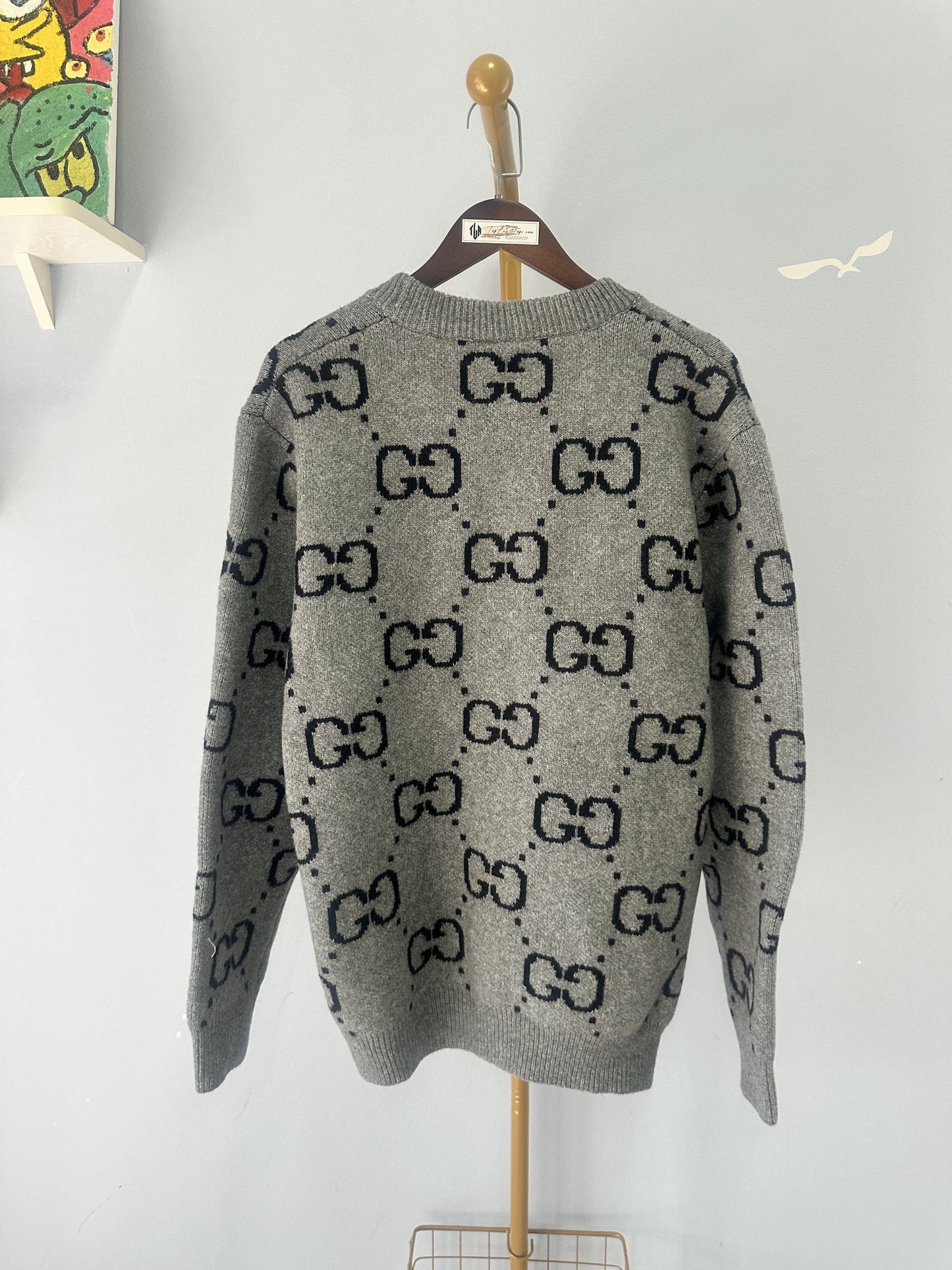 Gucci Grey Wool Cardigan with GG Pattern