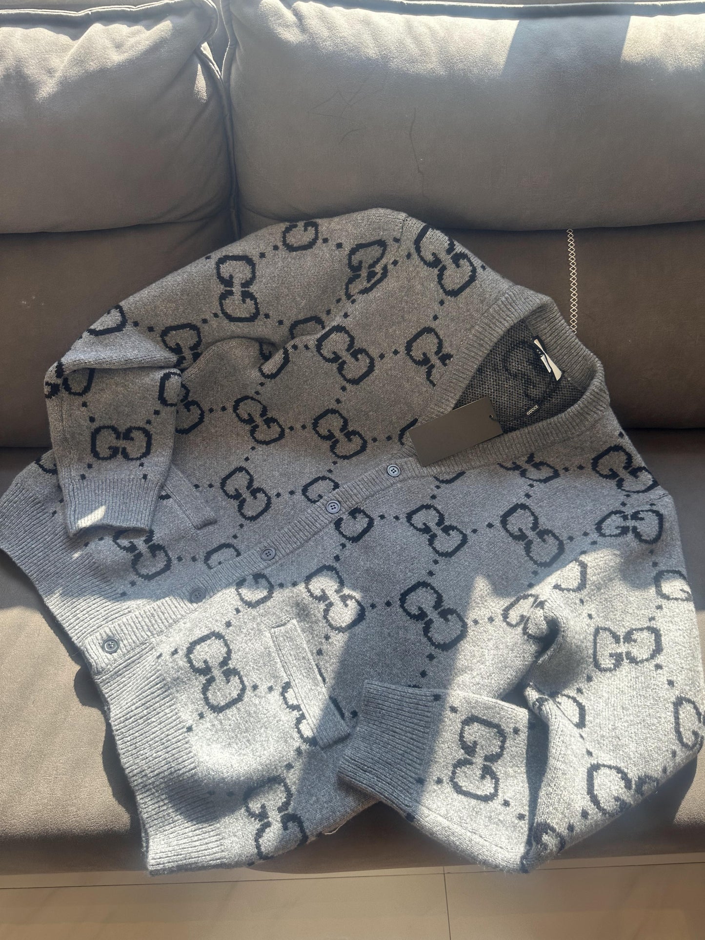 Gucci Grey Wool Cardigan with GG Pattern