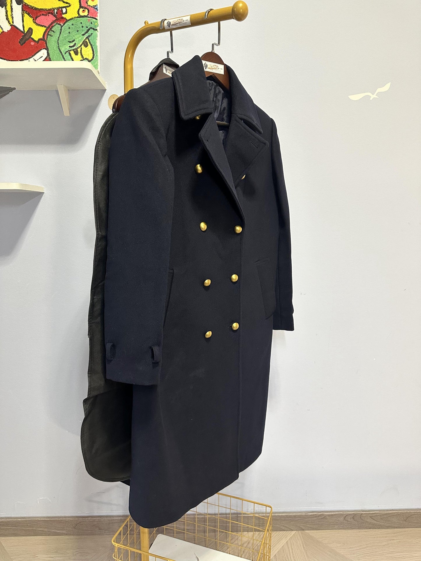 Gucci Navy Wool Double-Breasted Coat with Gold Buttons