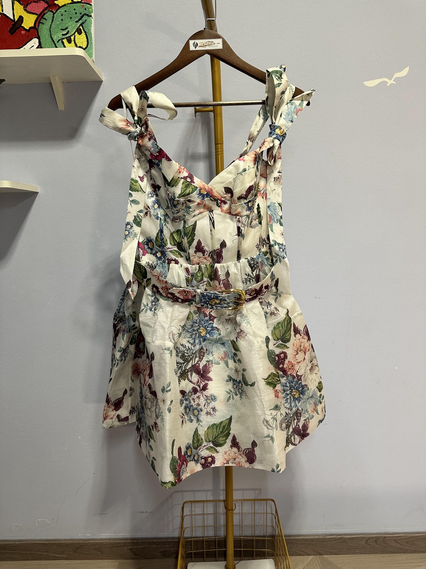 Zimmermann floral print dress with bow shoulder straps and matching belt