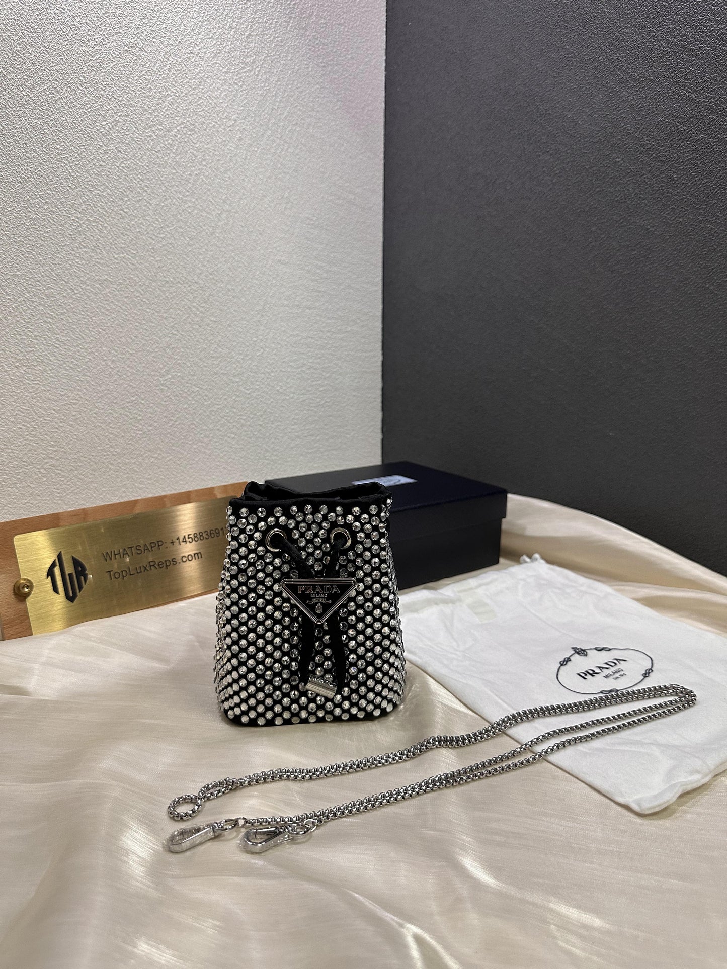 Prada rhinestone bucket bag diamond crossbody chain bag