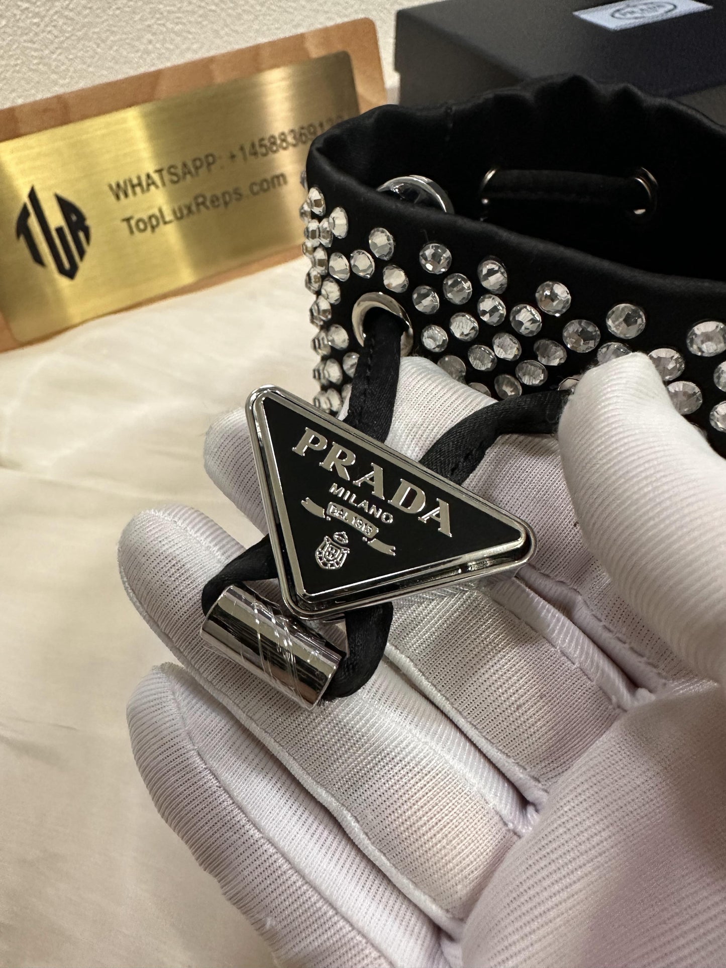 Prada rhinestone bucket bag diamond crossbody chain bag