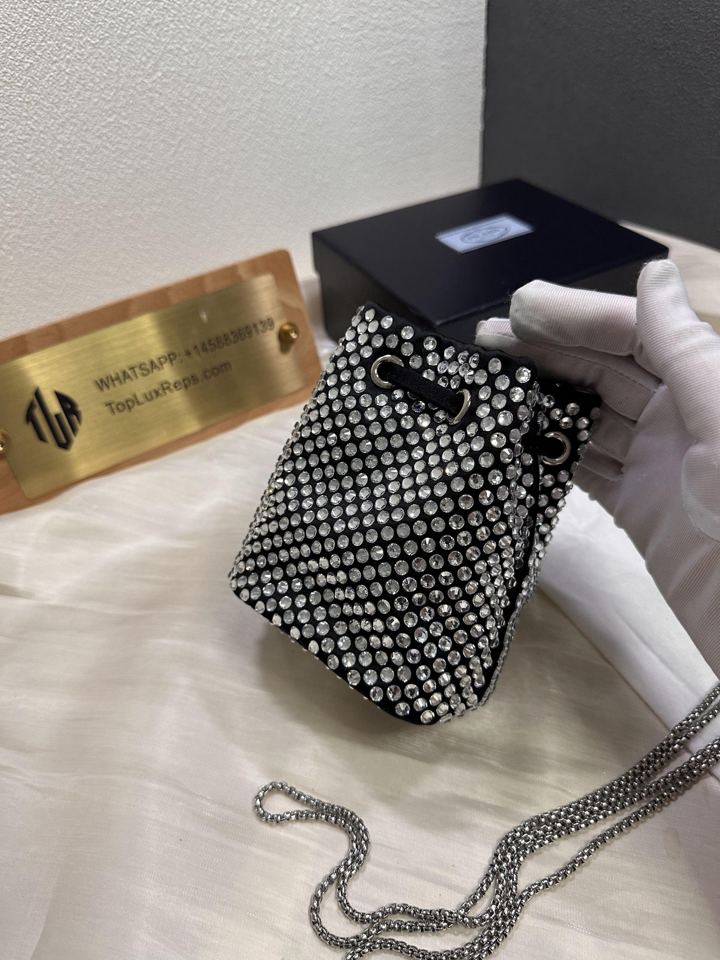 Prada rhinestone bucket bag diamond crossbody chain bag