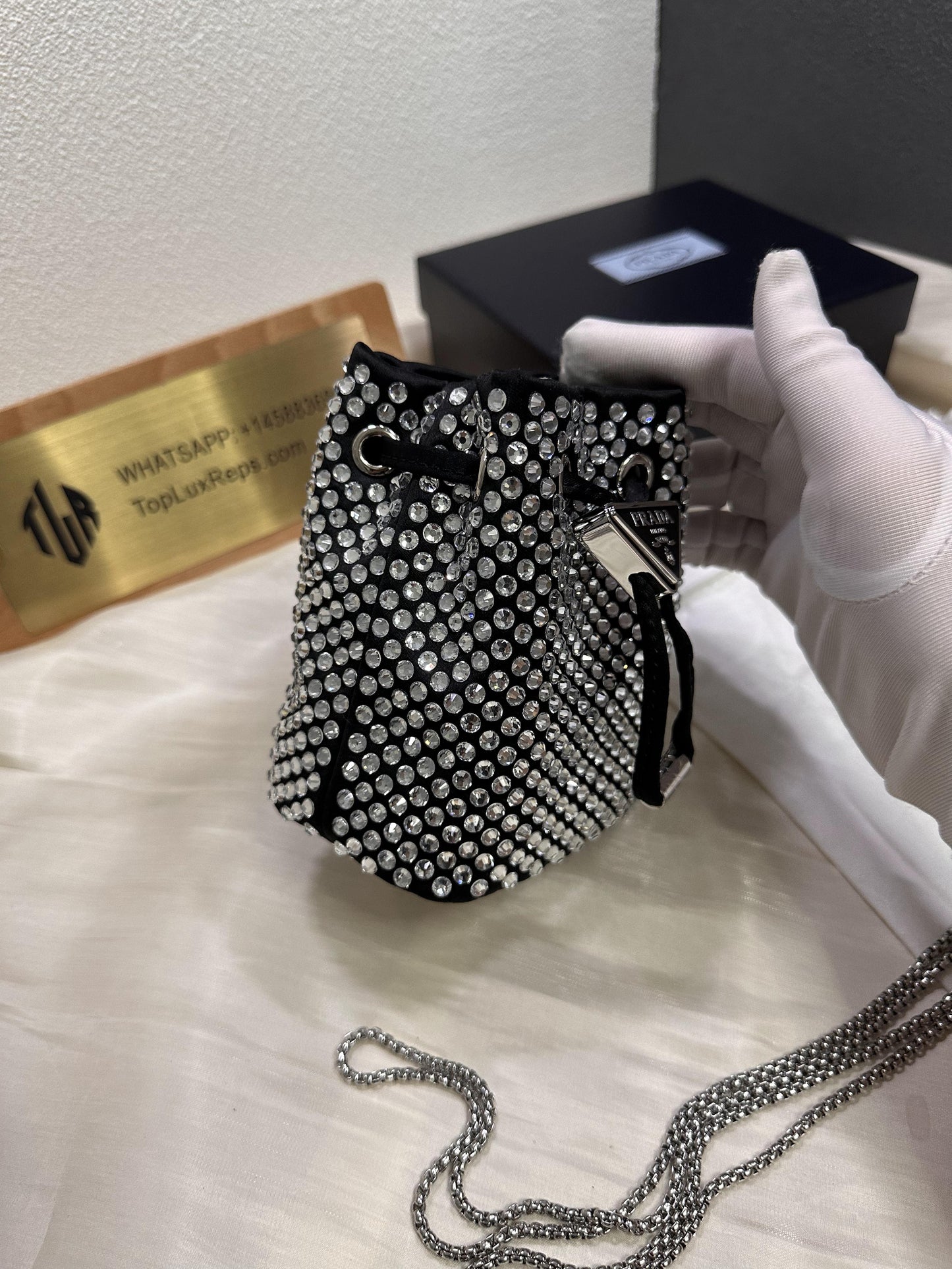 Prada rhinestone bucket bag diamond crossbody chain bag