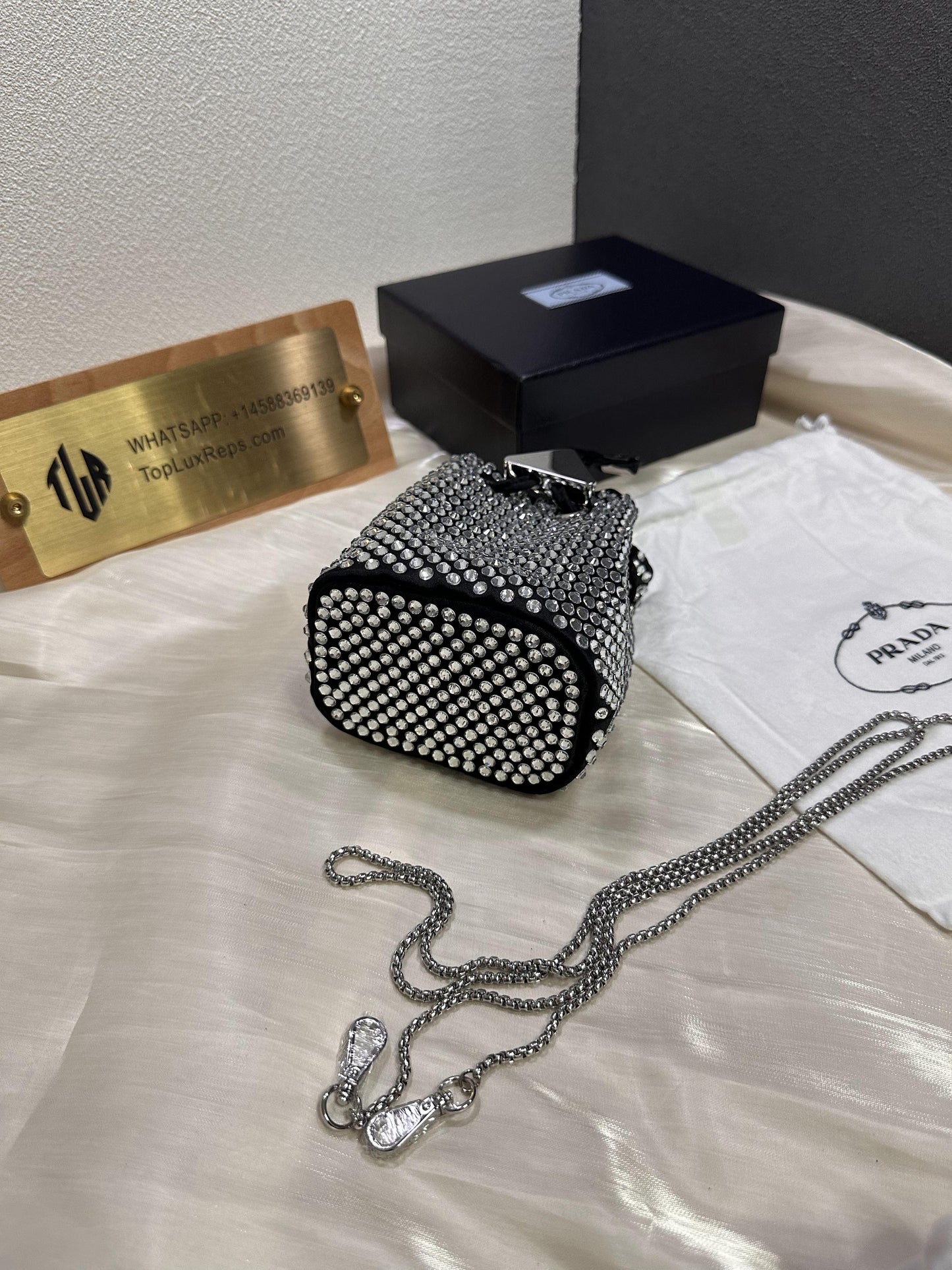 Prada rhinestone bucket bag diamond crossbody chain bag