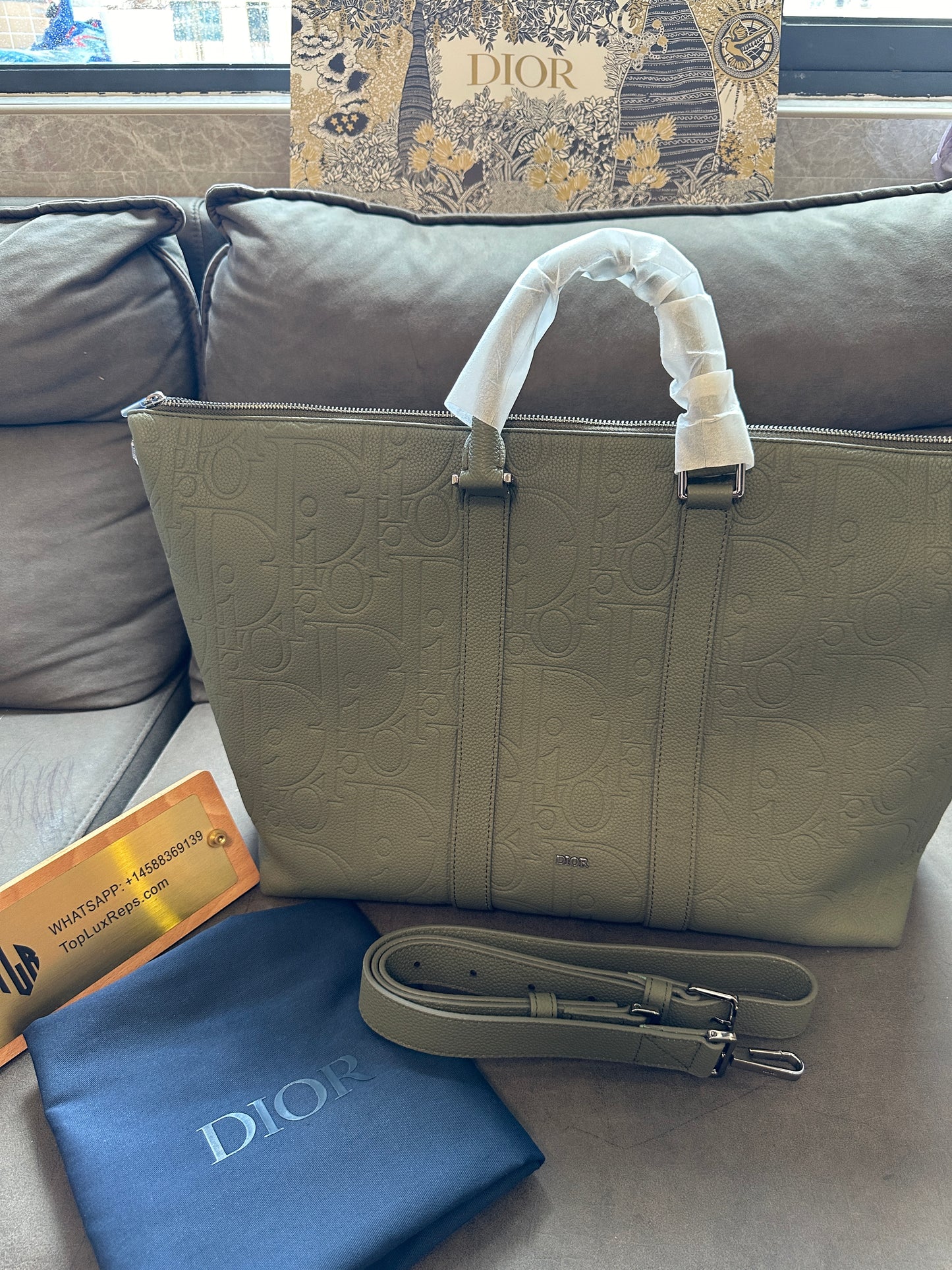Dior Men’s Embossed Calfskin Travel Tote Bag – Olive Green