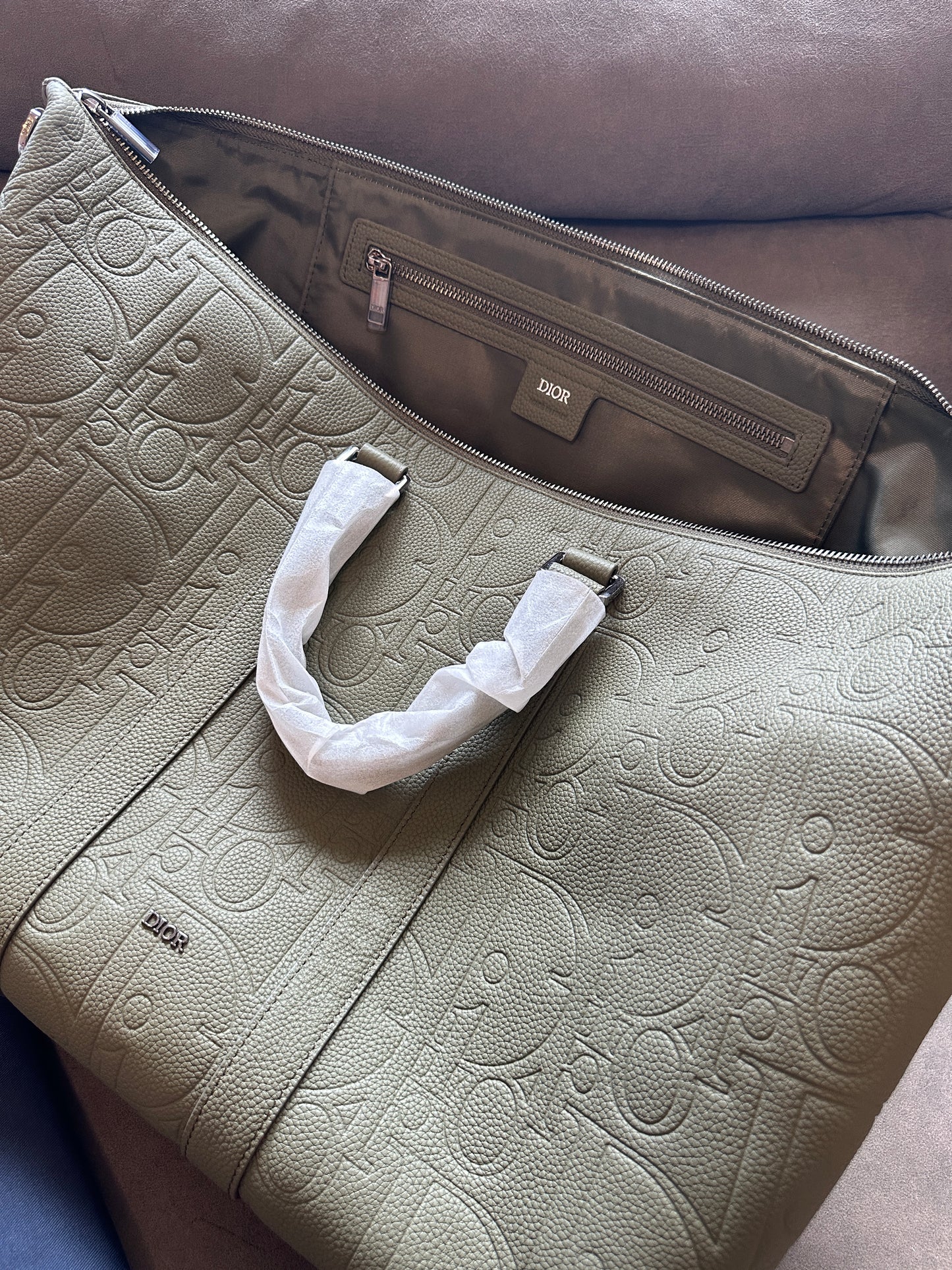 Dior Men’s Embossed Calfskin Travel Tote Bag – Olive Green