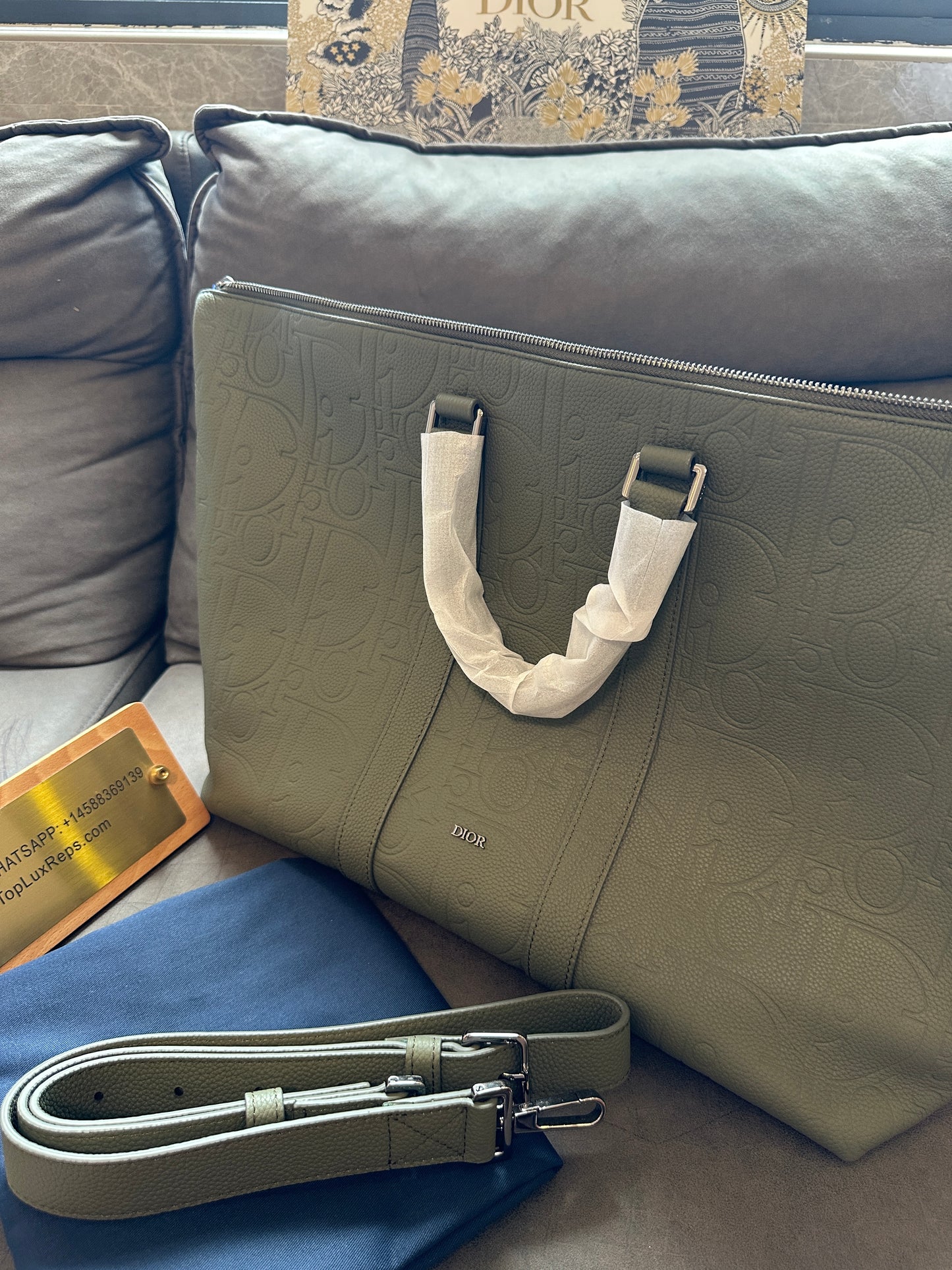 Dior Men’s Embossed Calfskin Travel Tote Bag – Olive Green