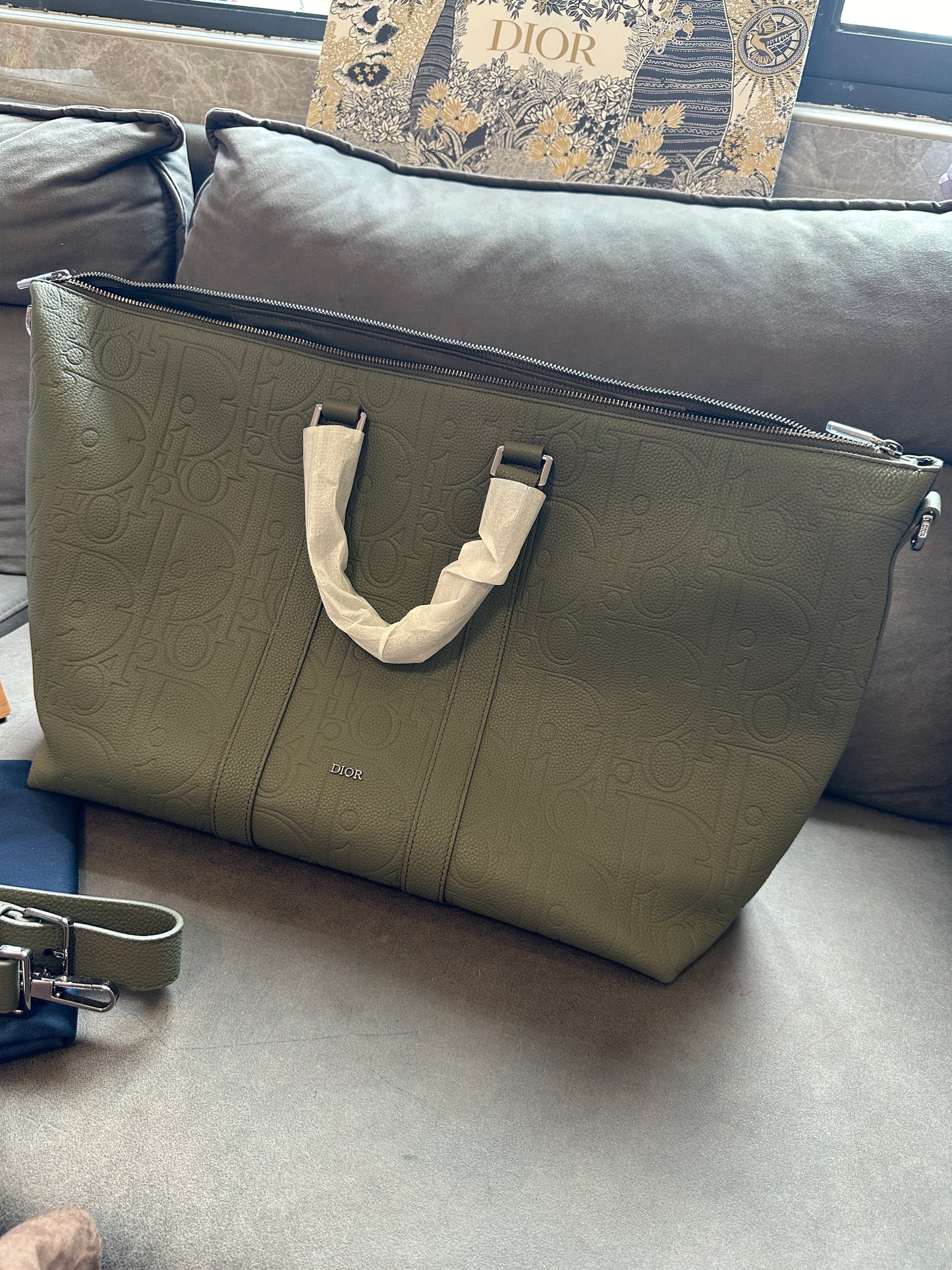 Dior Men’s Embossed Calfskin Travel Tote Bag – Olive Green