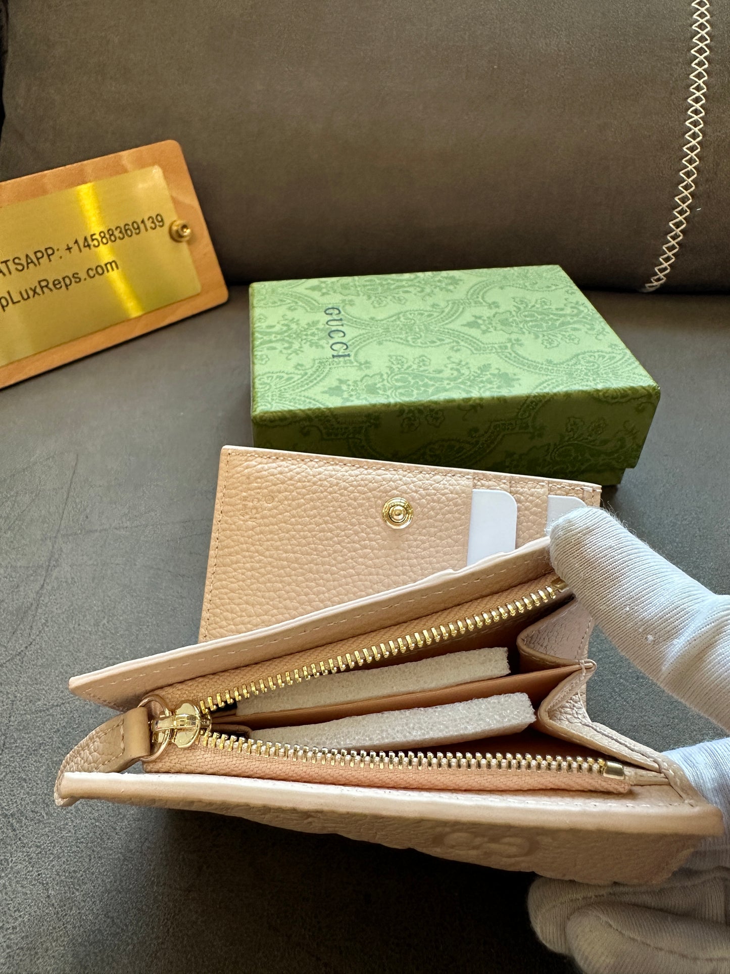 Gucci Beige GG Embossed Leather Small Wallet with Zip Coin Pocket
