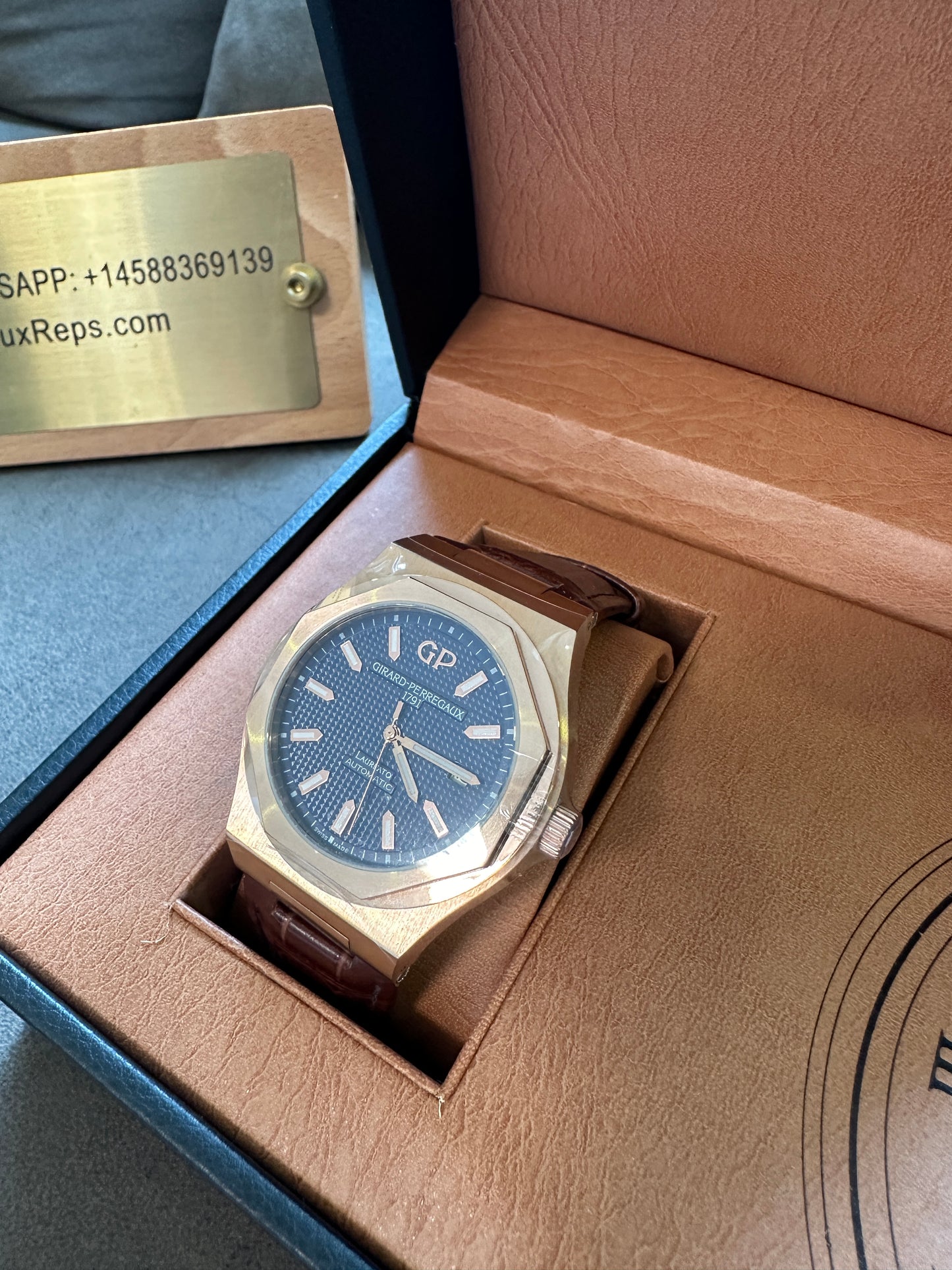 Girard-Perregaux Laureato Automatic 18K Rose Gold Blue Dial Brown Leather Strap Men’s Watch