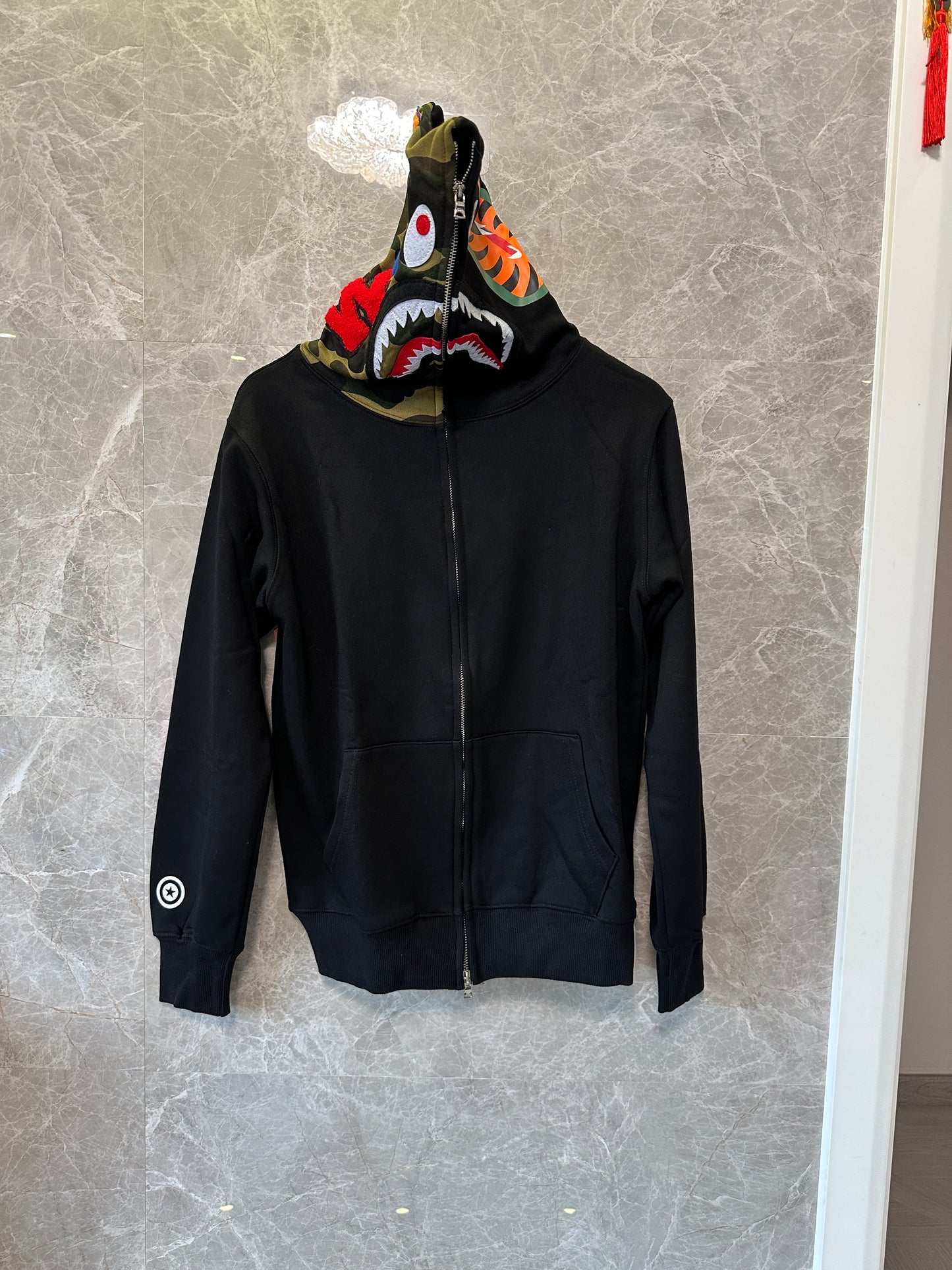 BAPE Shark Full Zip Hoodie Black with Camo Hood WGM Embroidery