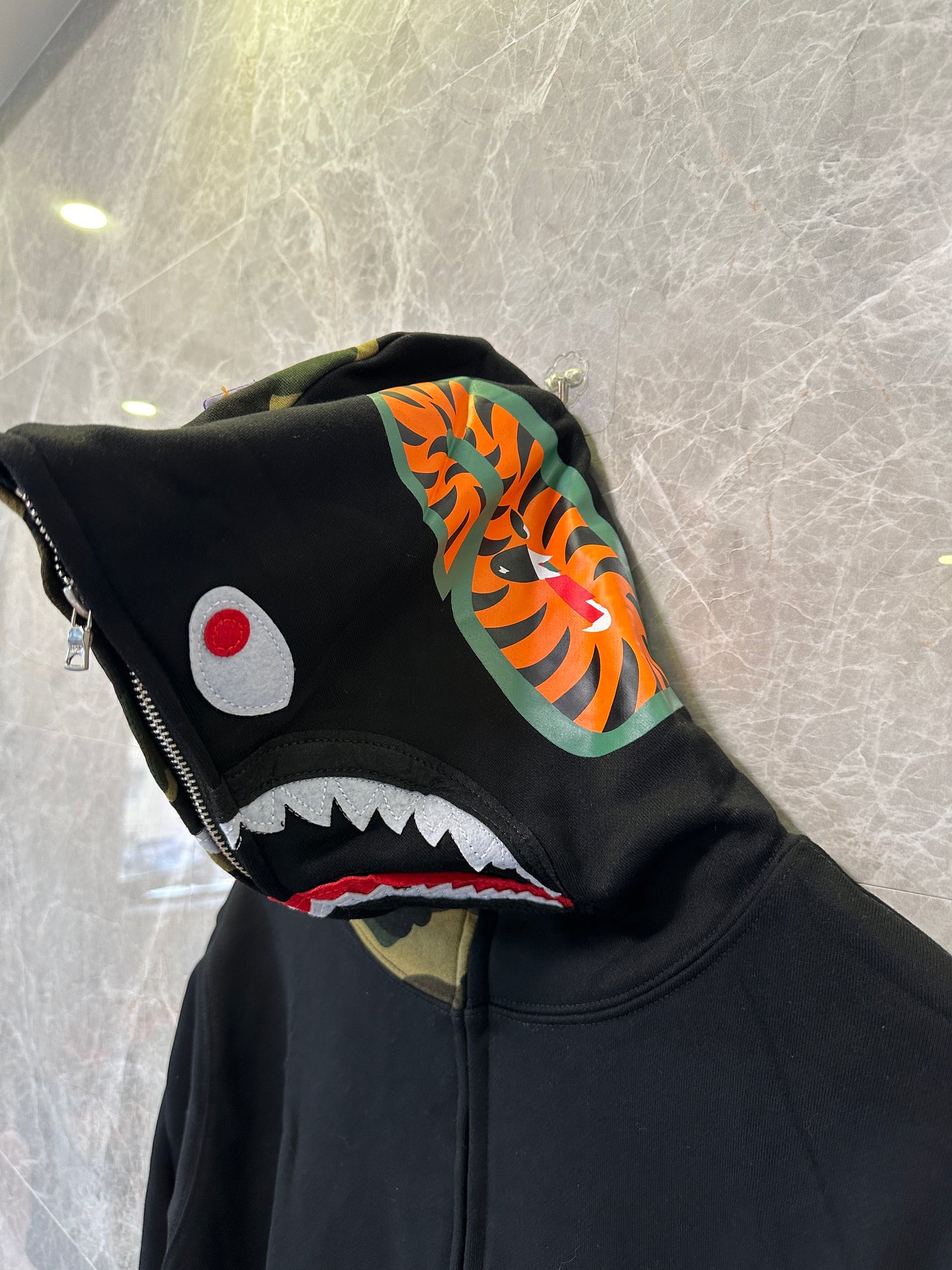 BAPE Shark Full Zip Hoodie Black with Camo Hood WGM Embroidery