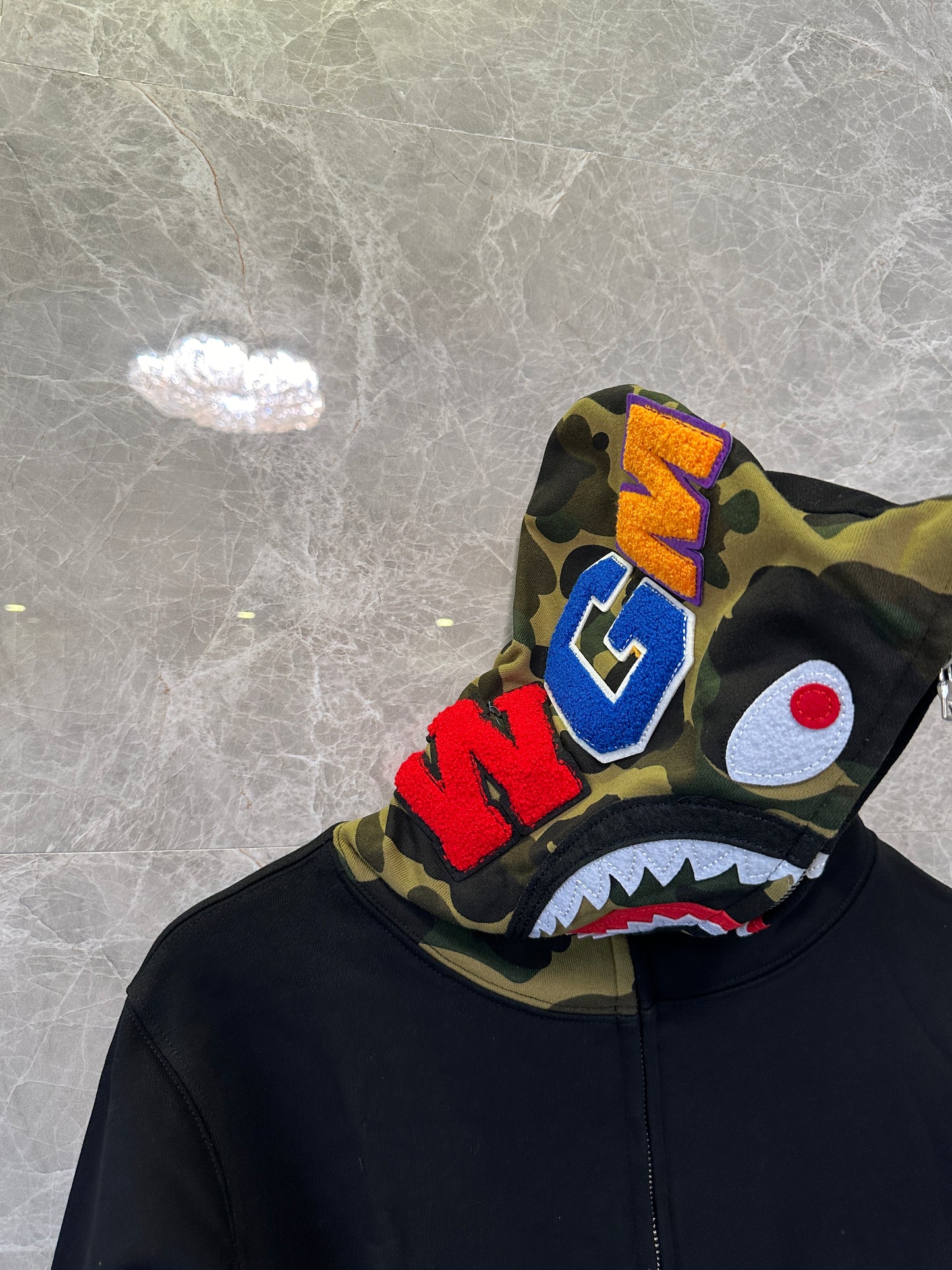 BAPE Shark Full Zip Hoodie Black with Camo Hood WGM Embroidery