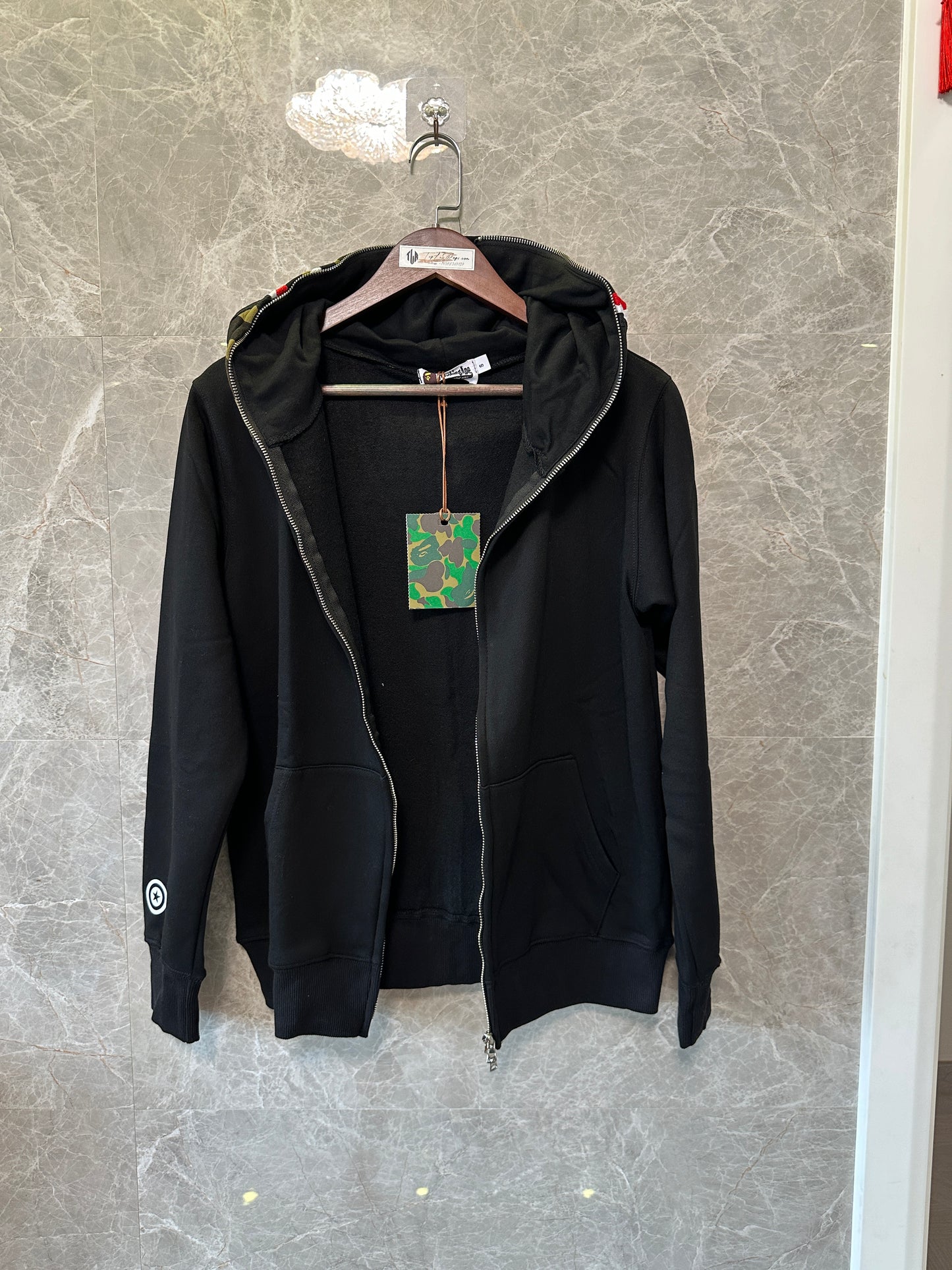 BAPE Shark Full Zip Hoodie Black with Camo Hood WGM Embroidery