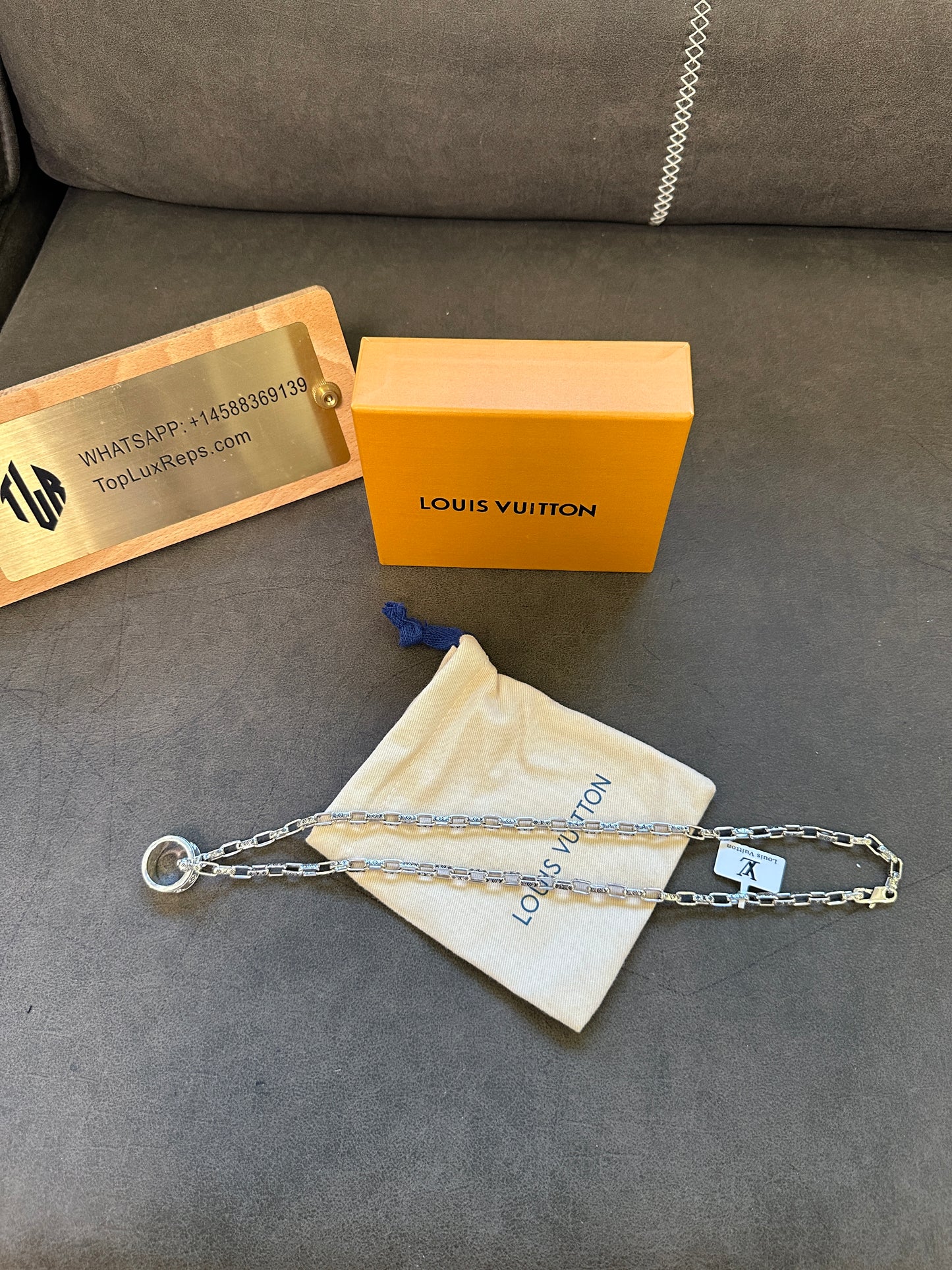 Louis Vuitton Silver Monogram Chain Necklace with Ring Pendant