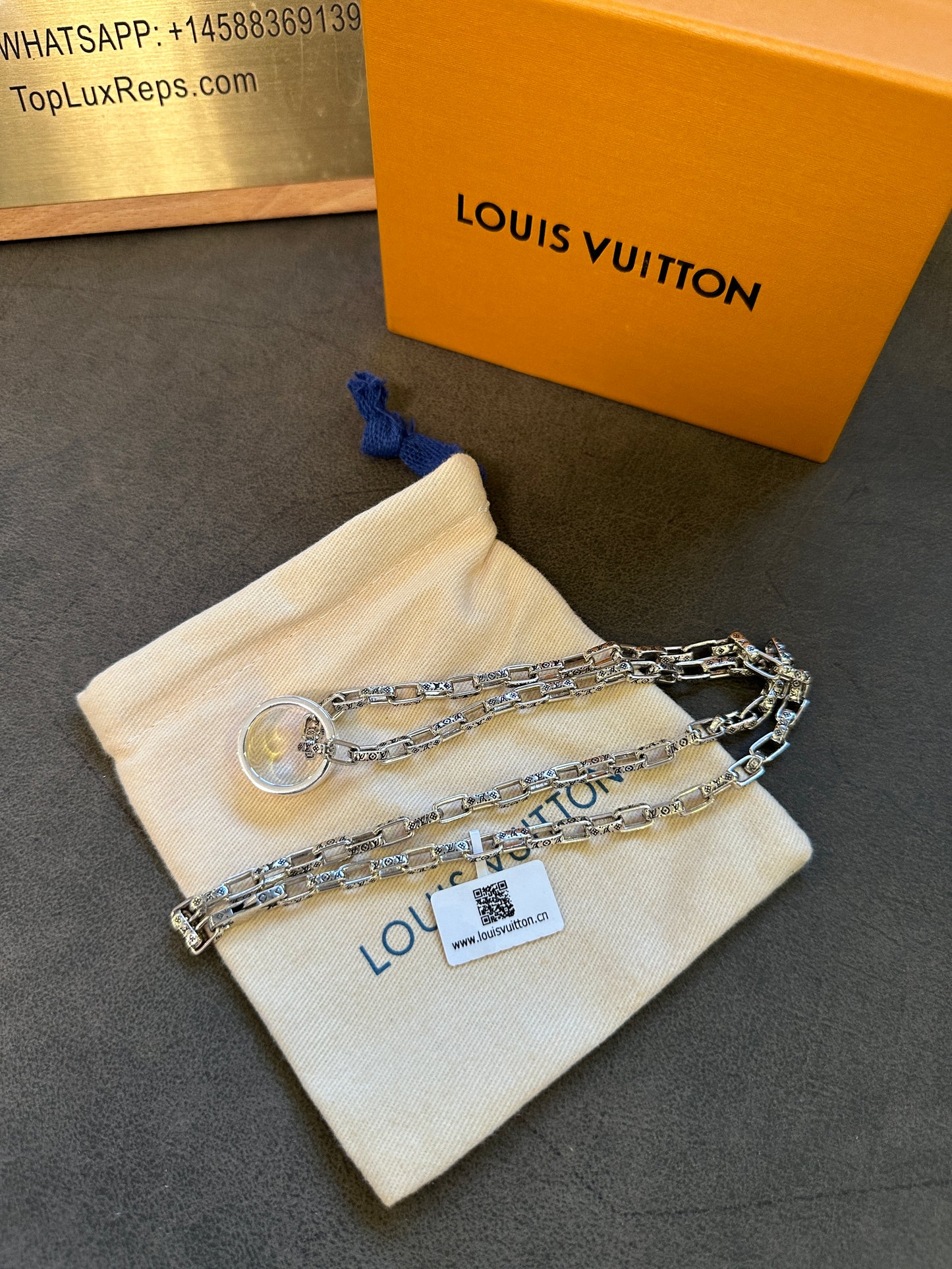 Louis Vuitton Silver Monogram Chain Necklace with Ring Pendant