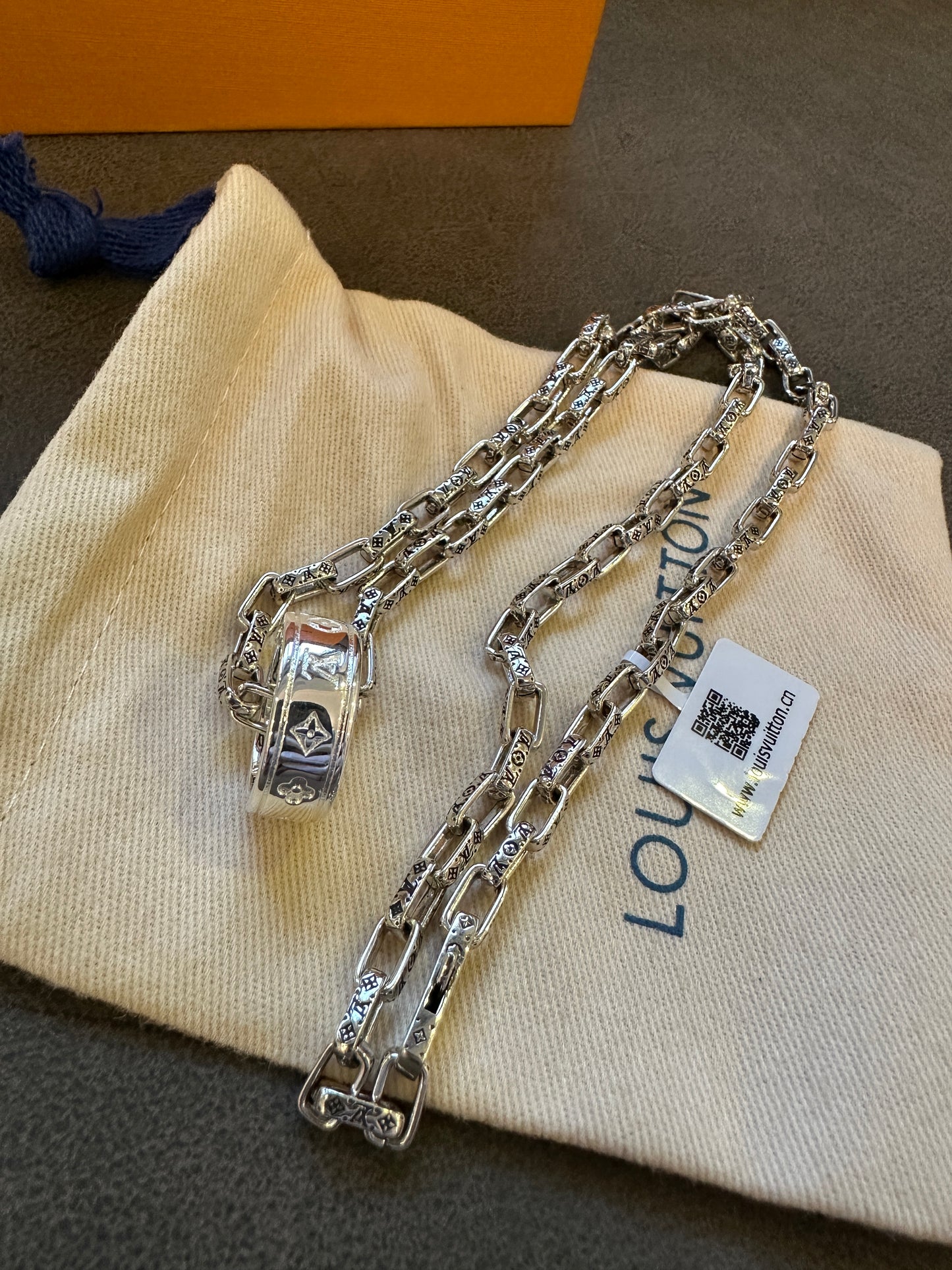 Louis Vuitton Silver Monogram Chain Necklace with Ring Pendant