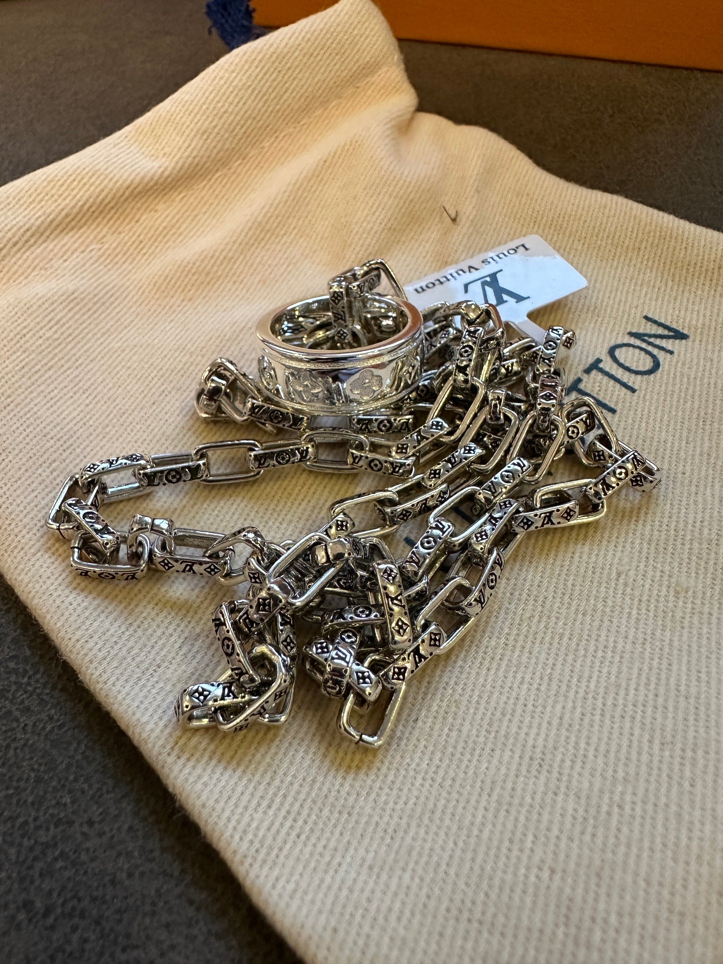 Louis Vuitton Silver Monogram Chain Necklace with Ring Pendant