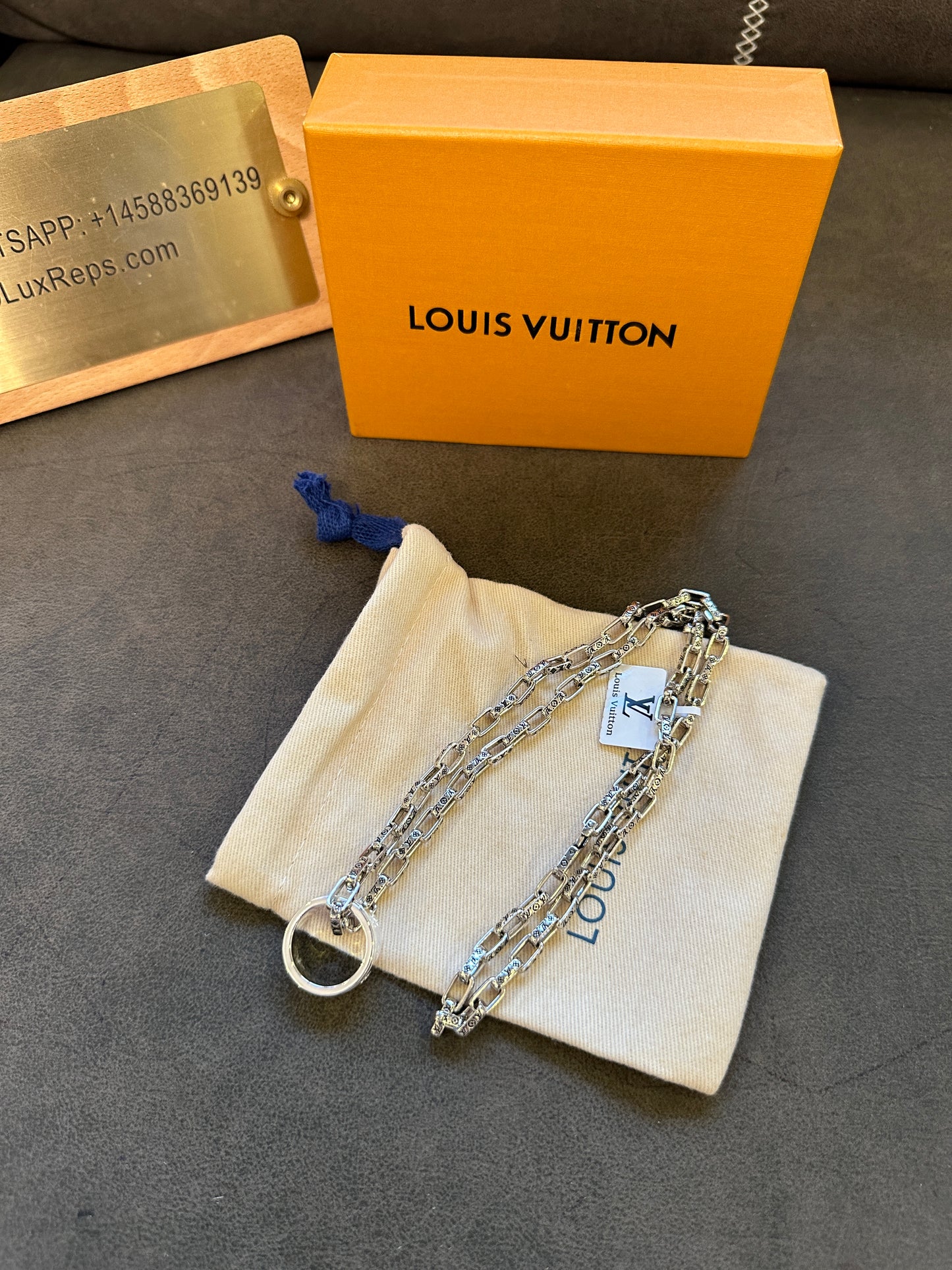 Louis Vuitton Silver Monogram Chain Necklace with Ring Pendant