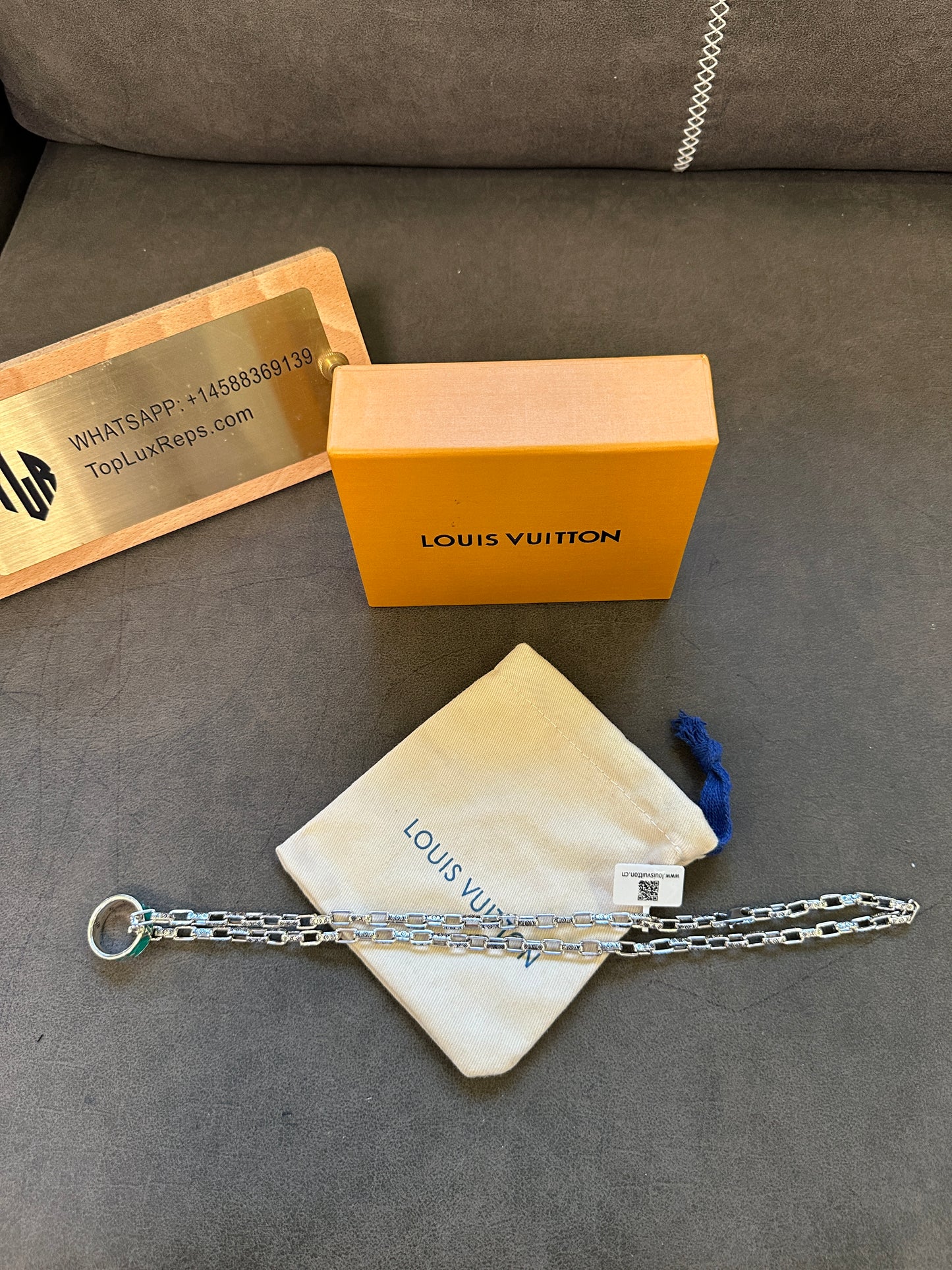 Louis Vuitton Silver Monogram Chain Necklace with Green Enamel Ring