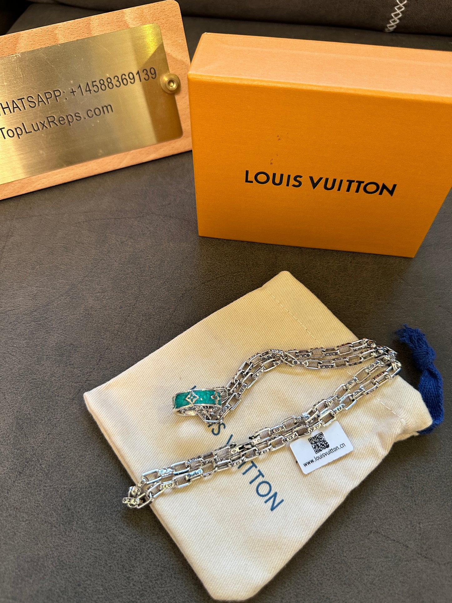 Louis Vuitton Silver Monogram Chain Necklace with Green Enamel Ring