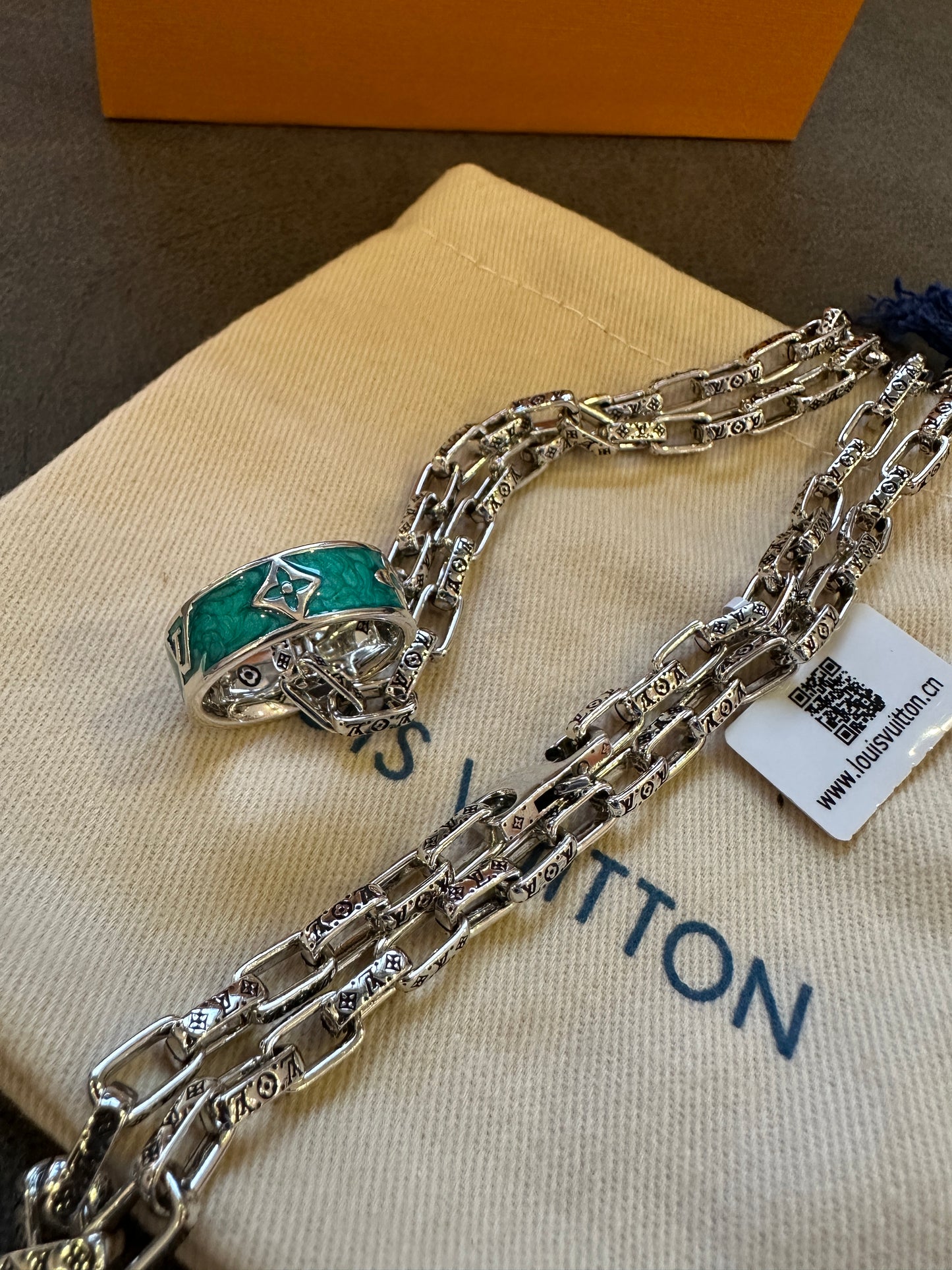 Louis Vuitton Silver Monogram Chain Necklace with Green Enamel Ring