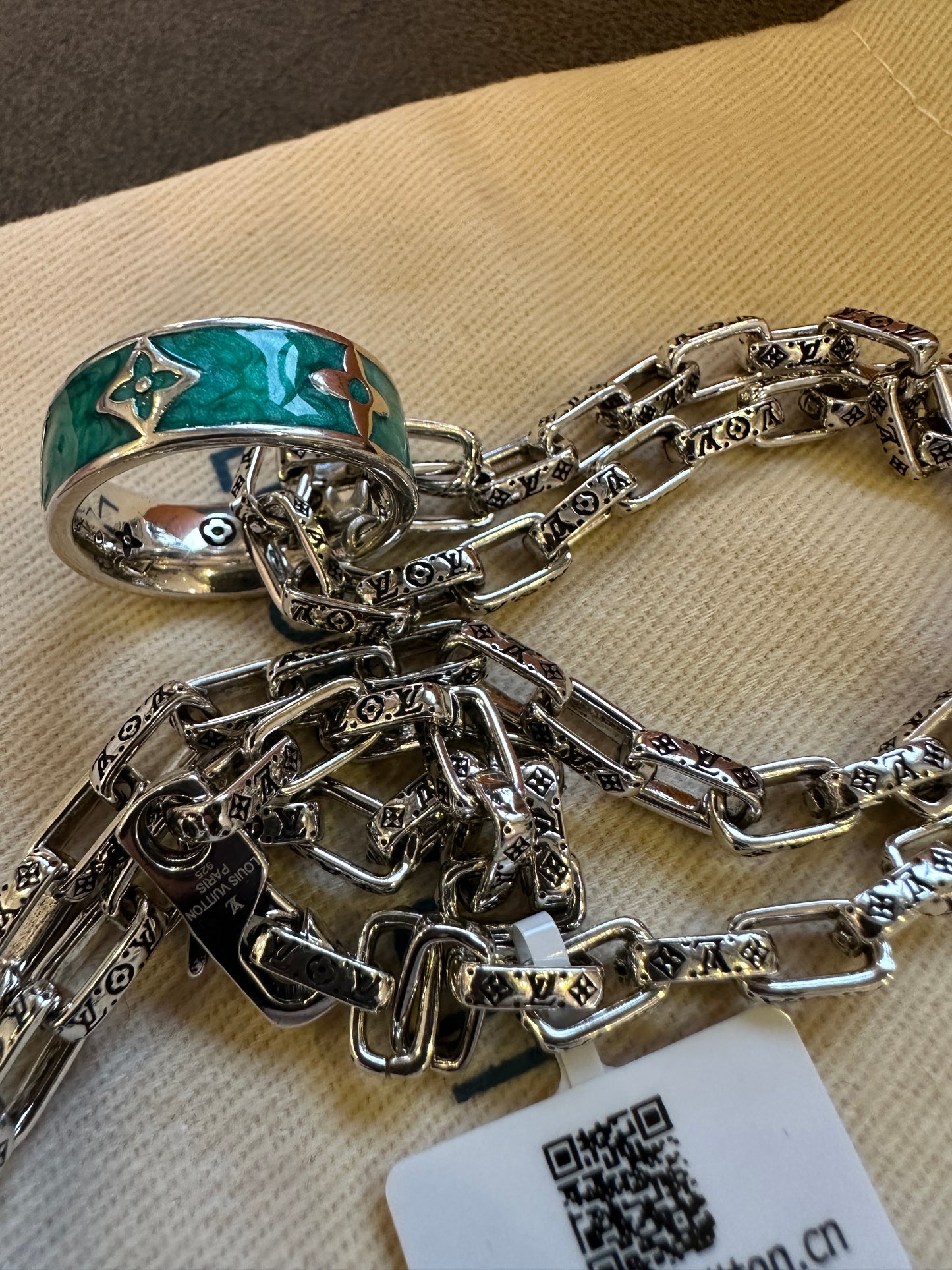 Louis Vuitton Silver Monogram Chain Necklace with Green Enamel Ring