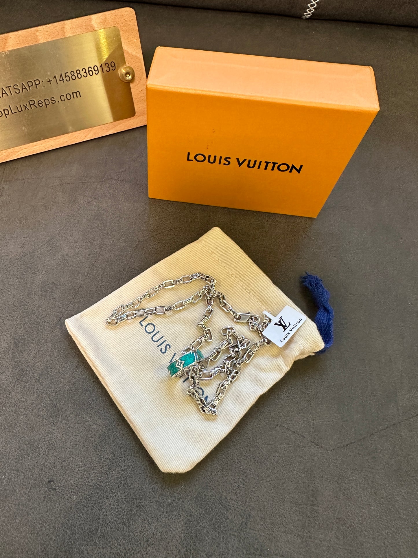 Louis Vuitton Silver Monogram Chain Necklace with Green Enamel Ring